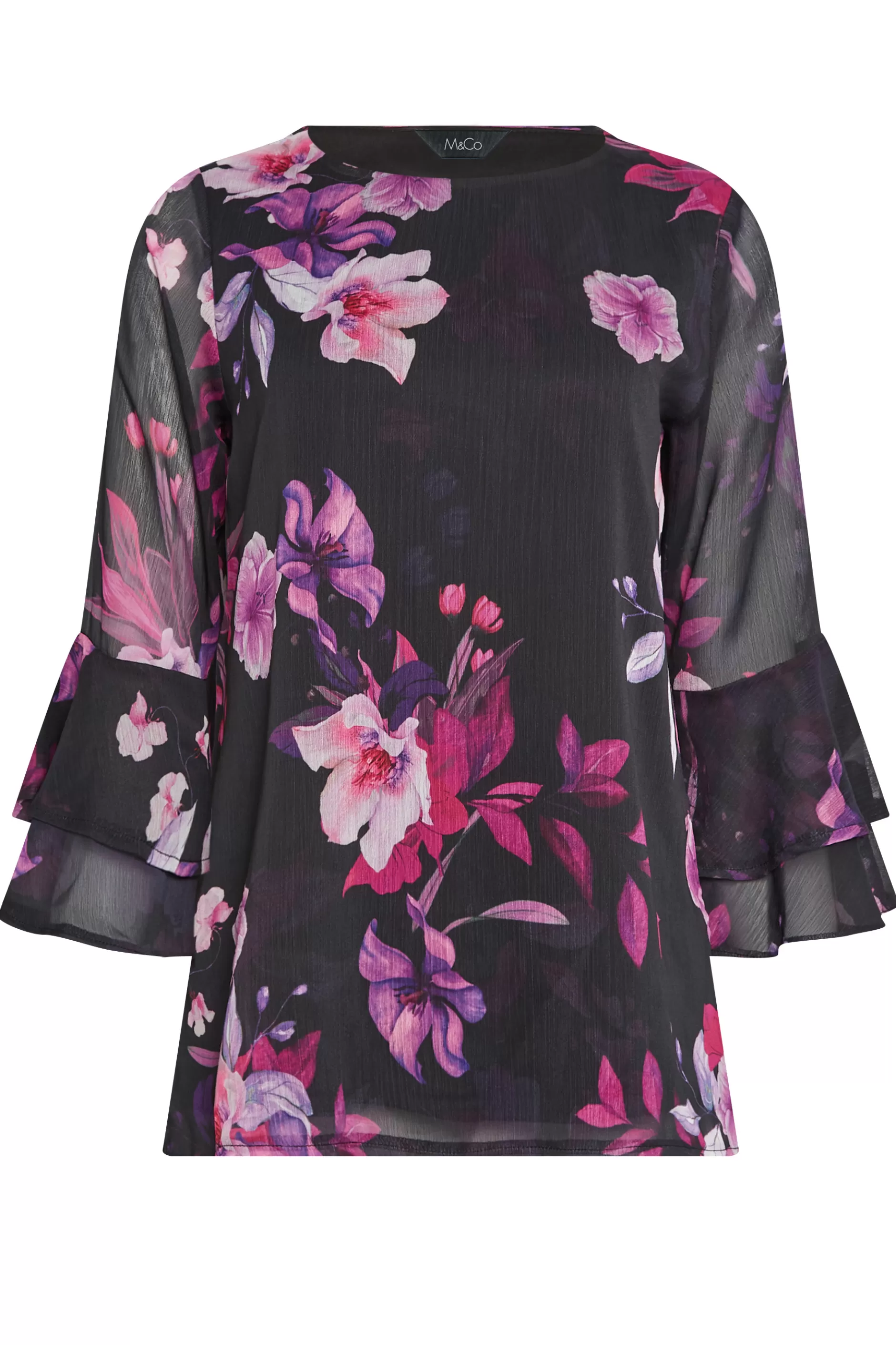 Women M&Co Blouses> Womens Black & Pink Floral Print Flute Sleeve Blouse