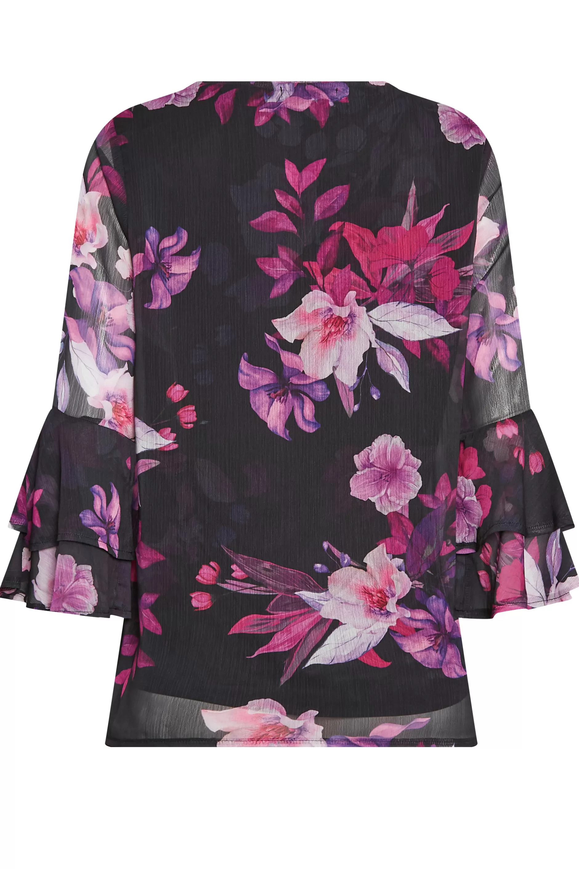 Women M&Co Blouses> Womens Black & Pink Floral Print Flute Sleeve Blouse