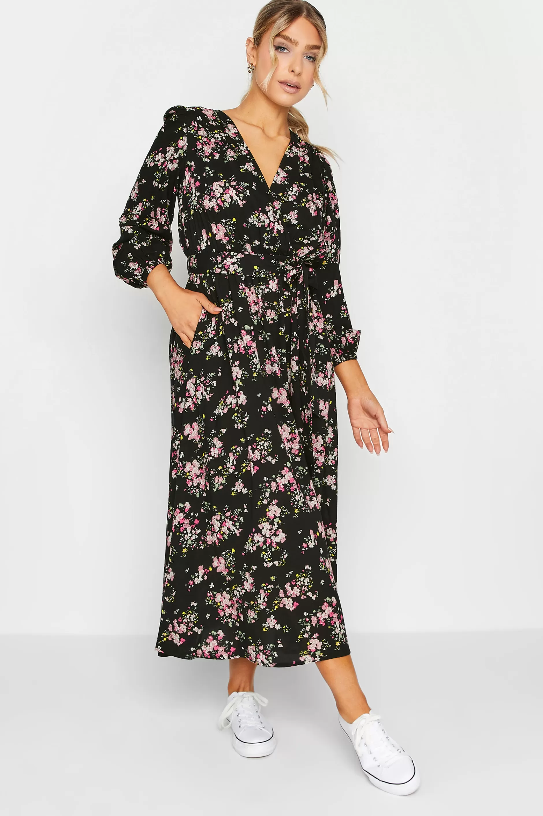 Women M&Co Wedding Guest Dresses> Womens Black & Pink Floral Print Wrap Front Dress