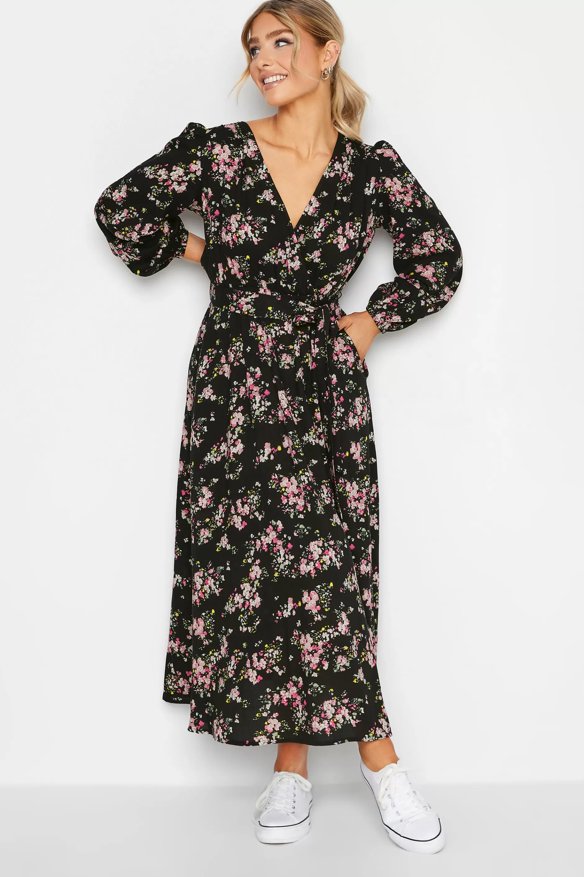 Women M&Co Wedding Guest Dresses> Womens Black & Pink Floral Print Wrap Front Dress