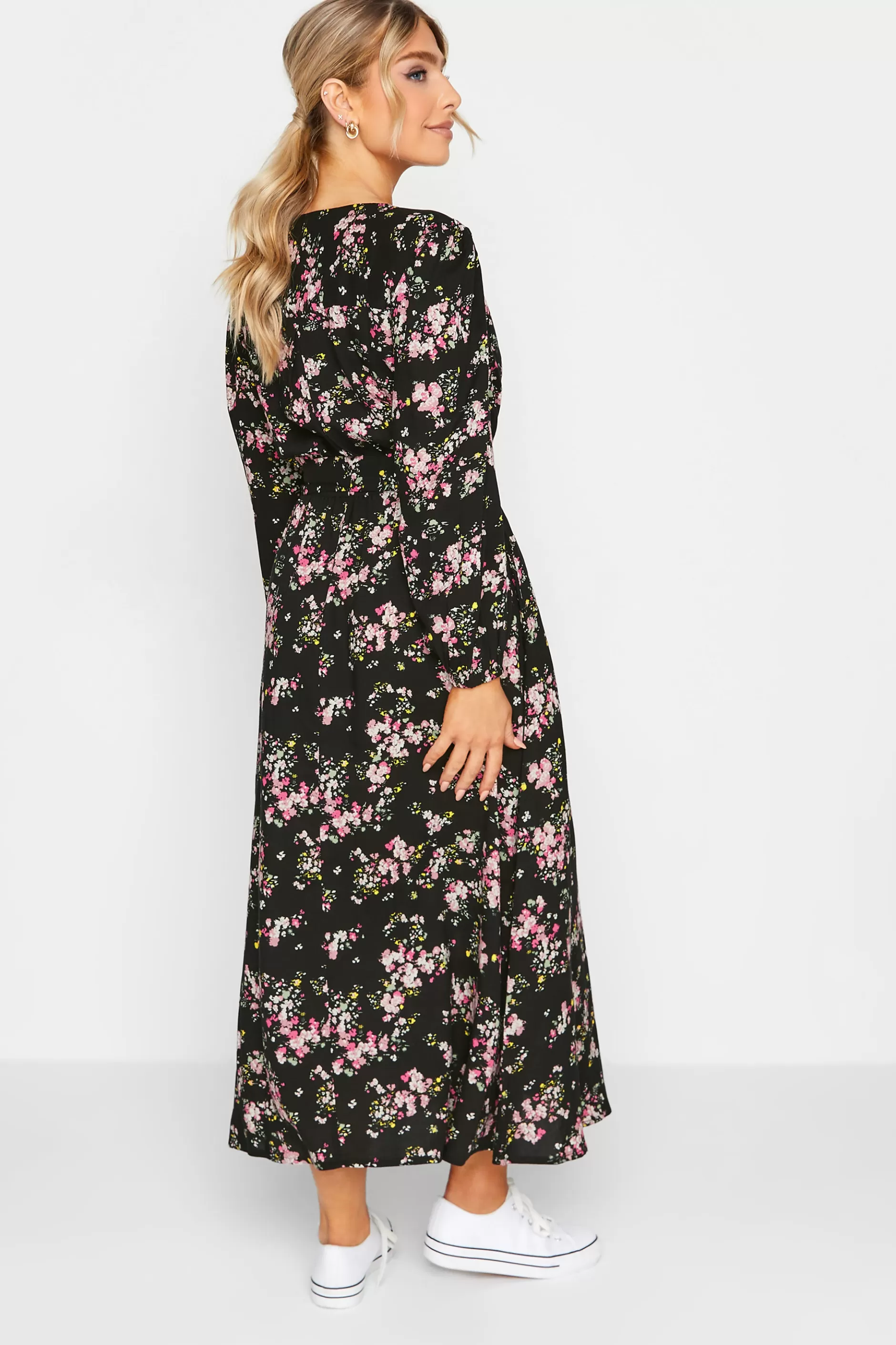 Women M&Co Wedding Guest Dresses> Womens Black & Pink Floral Print Wrap Front Dress