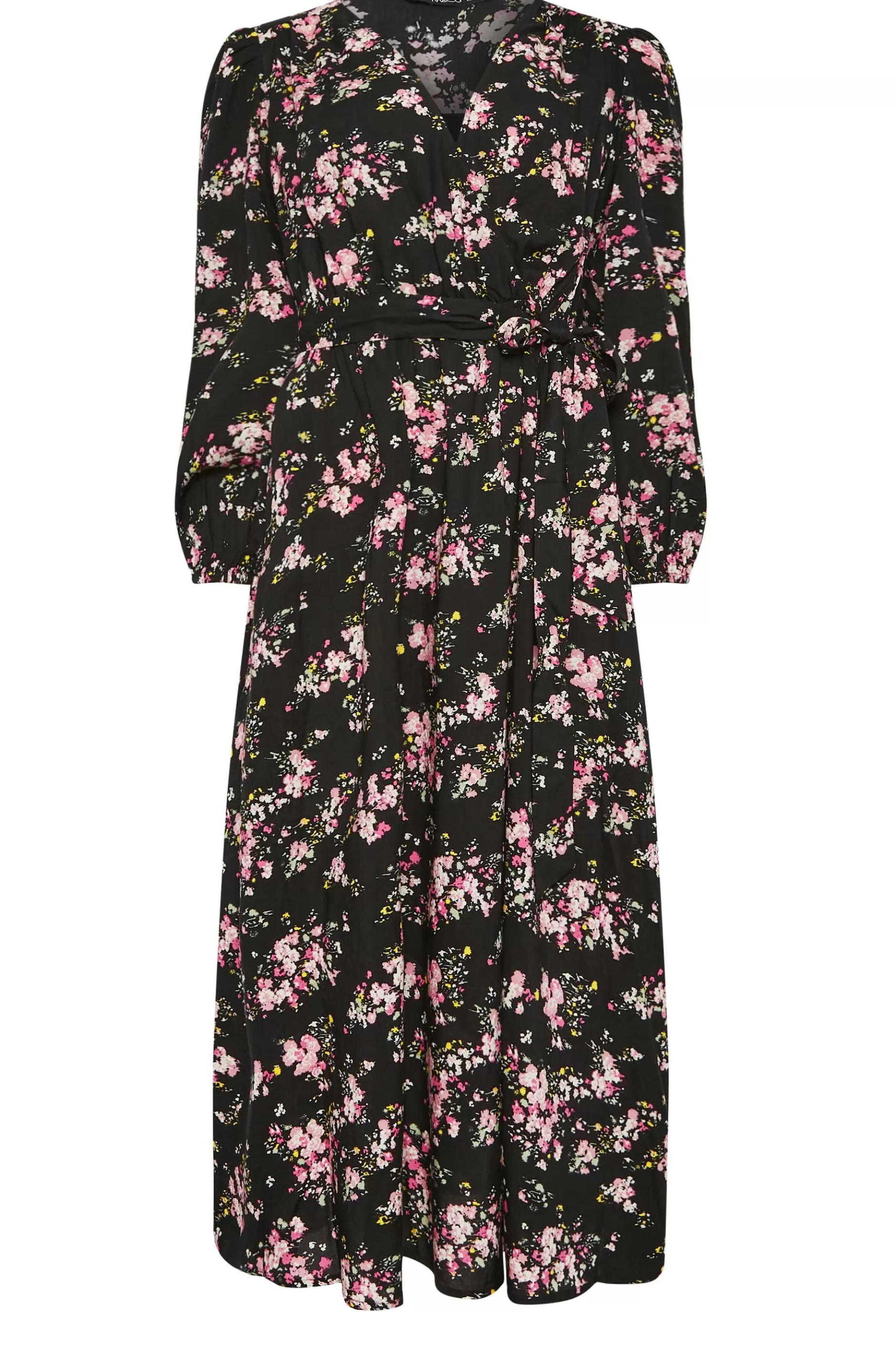 Women M&Co Wedding Guest Dresses> Womens Black & Pink Floral Print Wrap Front Dress
