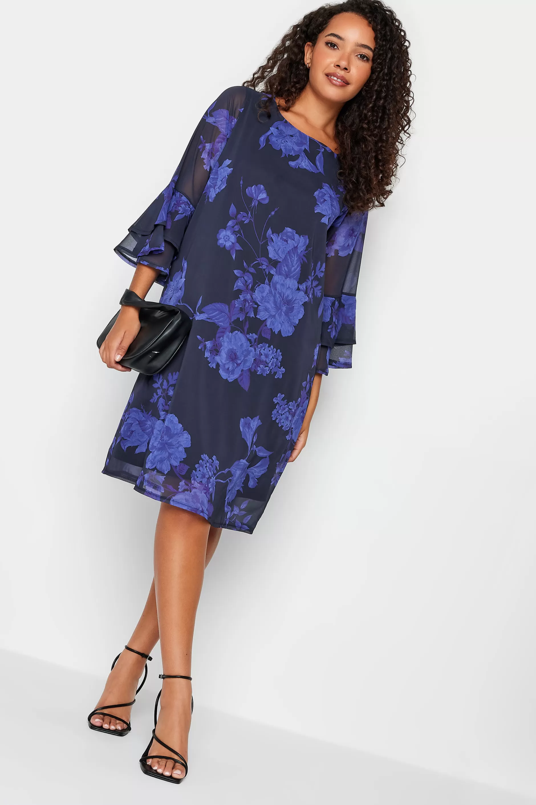 Women M&Co Midi Dresses> Womens Black & Purplefloral Print Flute Sleeve Shift Dress