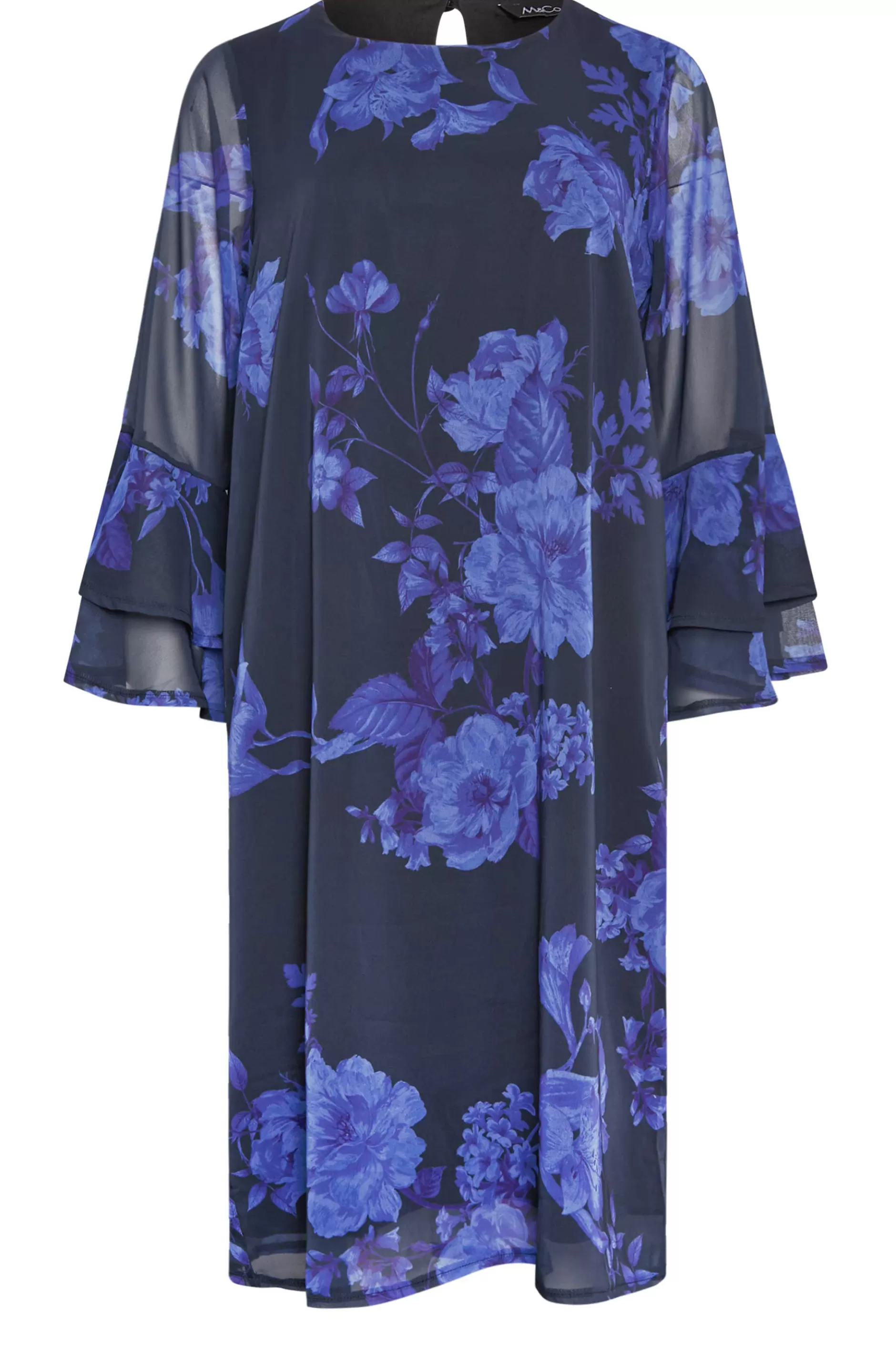 Women M&Co Midi Dresses> Womens Black & Purplefloral Print Flute Sleeve Shift Dress