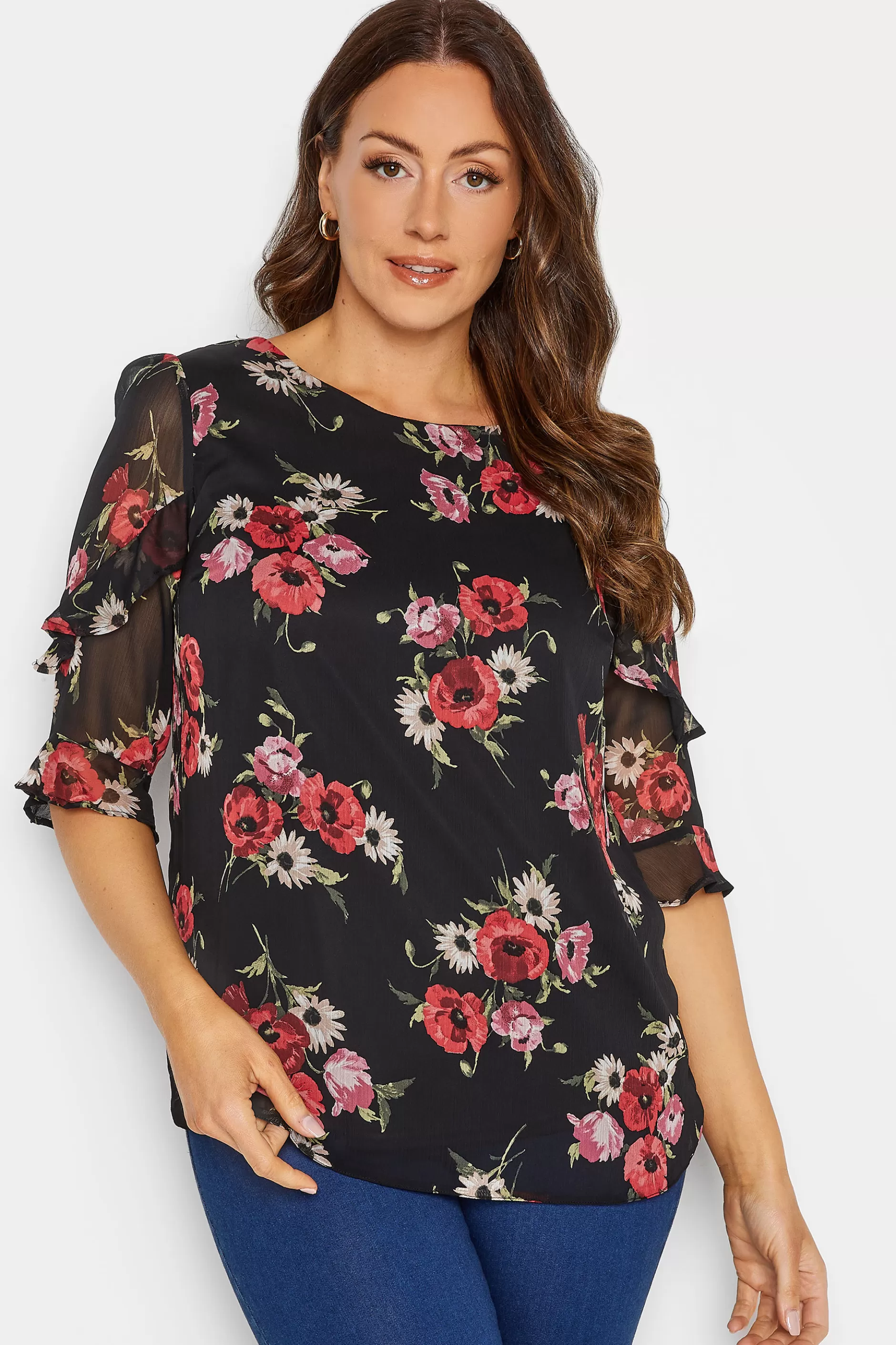 Women M&Co Blouses> Womens Black & Red Floral Double Frill Sleeve Blouse