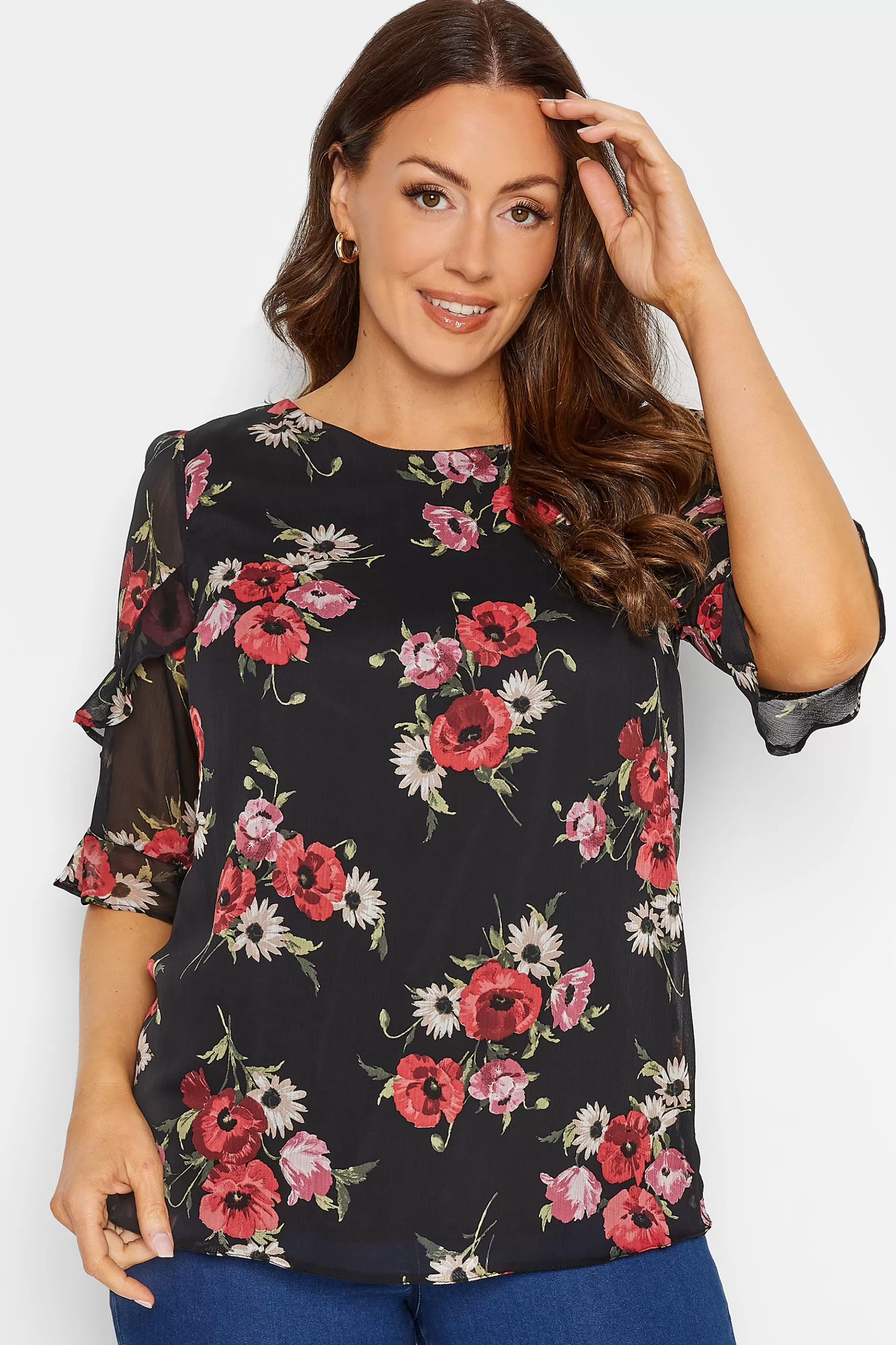 Women M&Co Blouses> Womens Black & Red Floral Double Frill Sleeve Blouse