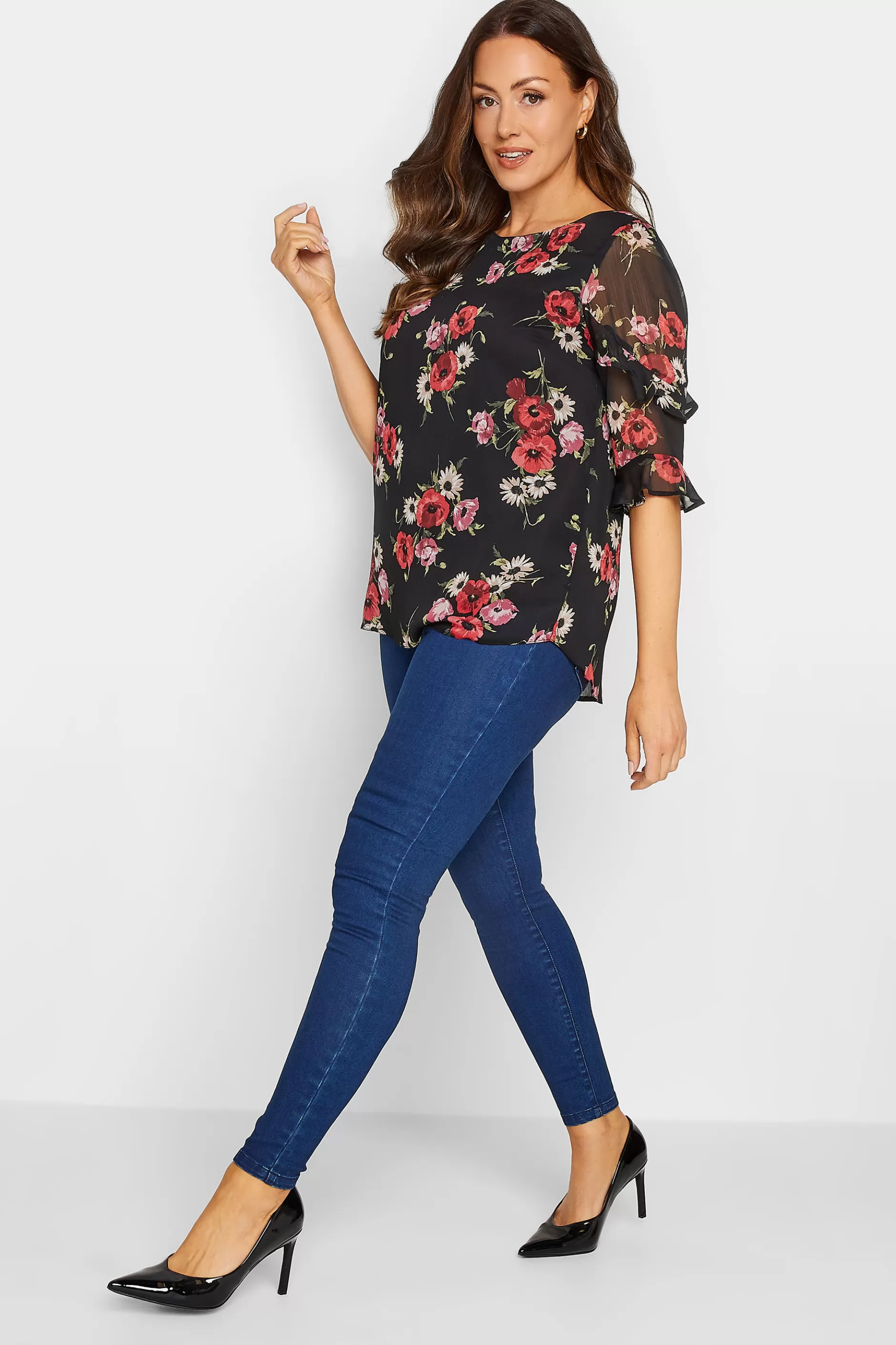 Women M&Co Blouses> Womens Black & Red Floral Double Frill Sleeve Blouse