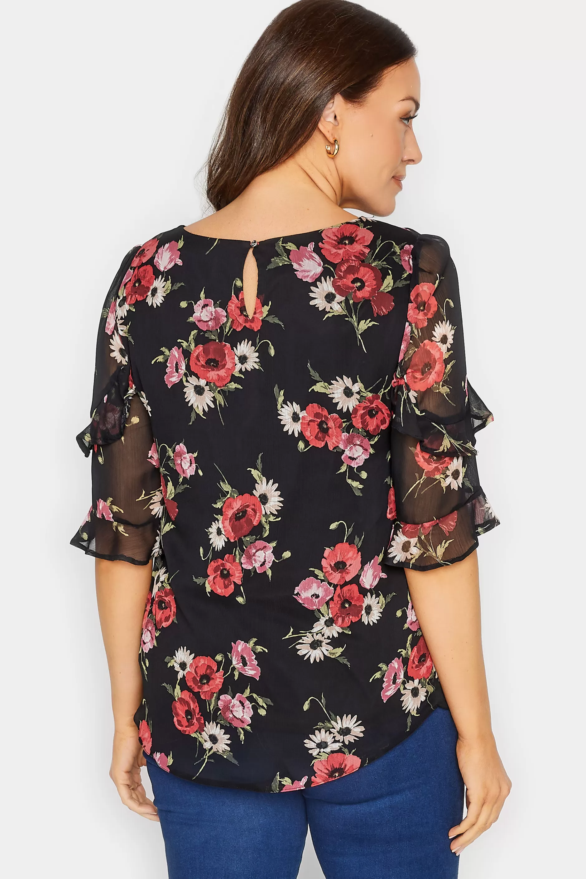 Women M&Co Blouses> Womens Black & Red Floral Double Frill Sleeve Blouse
