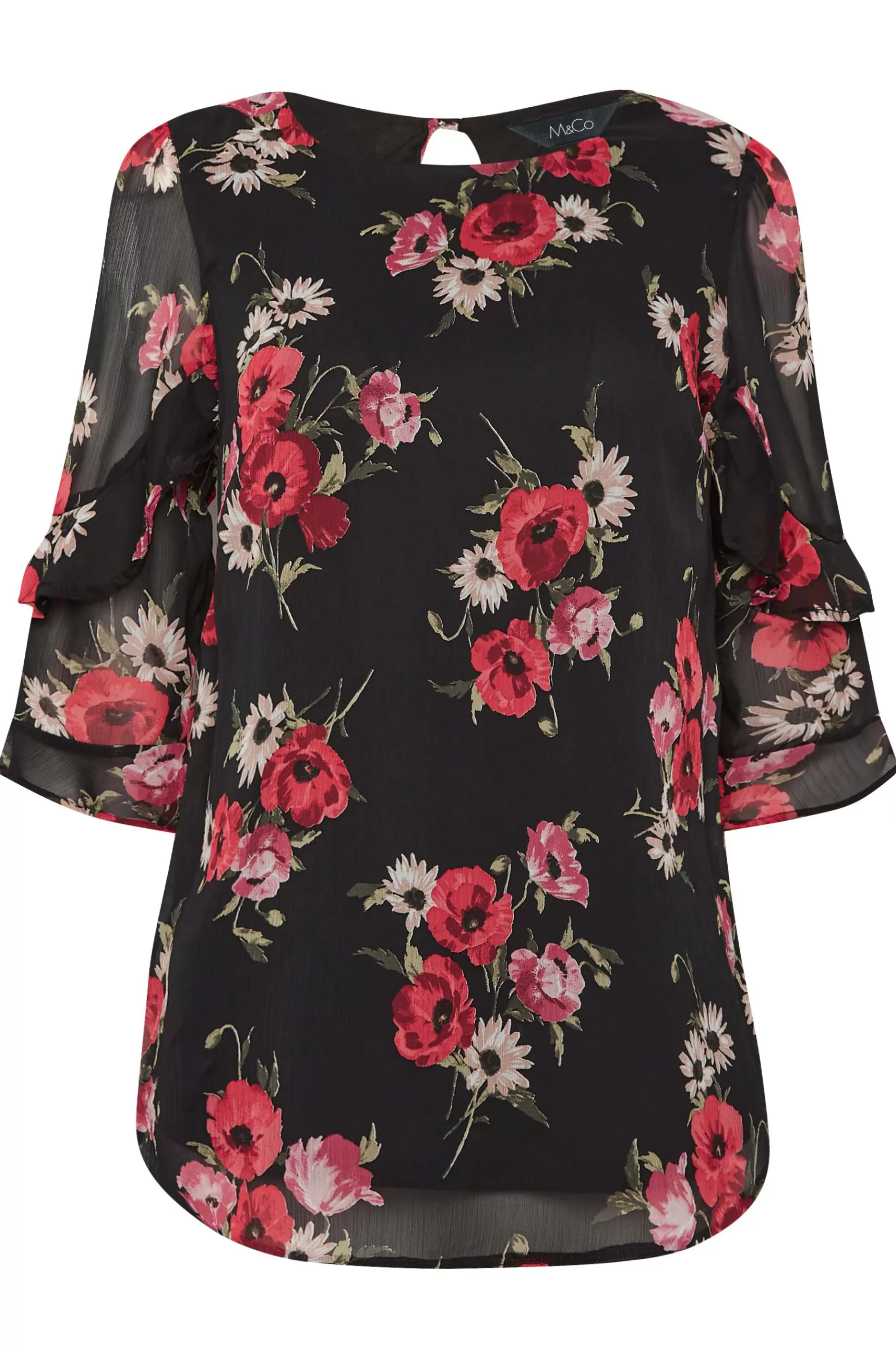 Women M&Co Blouses> Womens Black & Red Floral Double Frill Sleeve Blouse