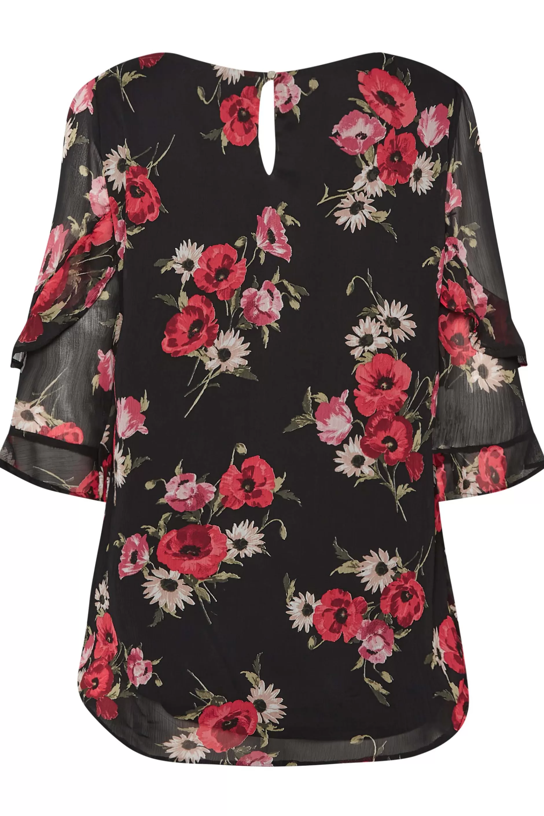 Women M&Co Blouses> Womens Black & Red Floral Double Frill Sleeve Blouse