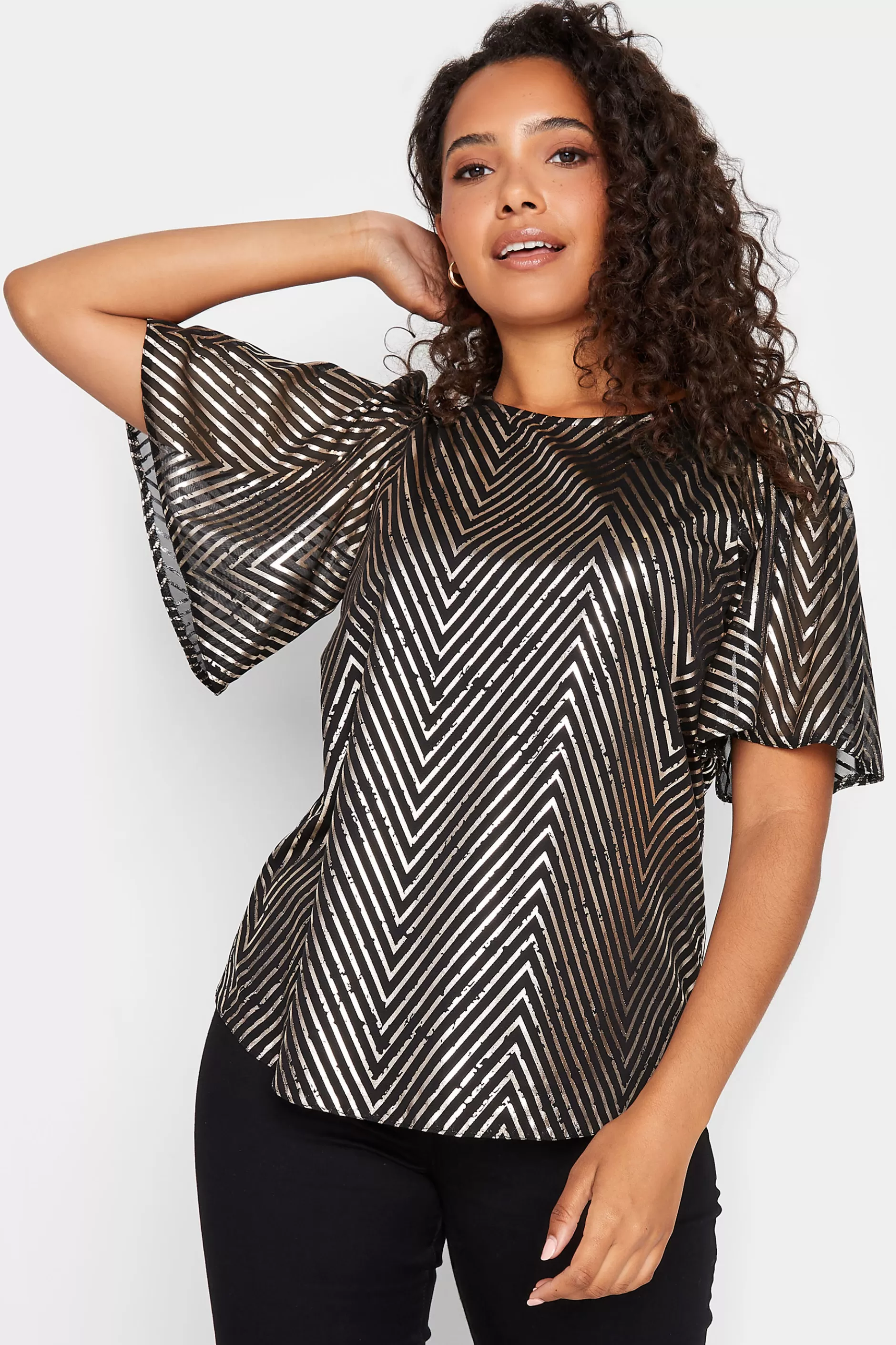 Women M&Co Blouses> Womens Black & Rose Gold Chevron Angel Sleeve Blouse