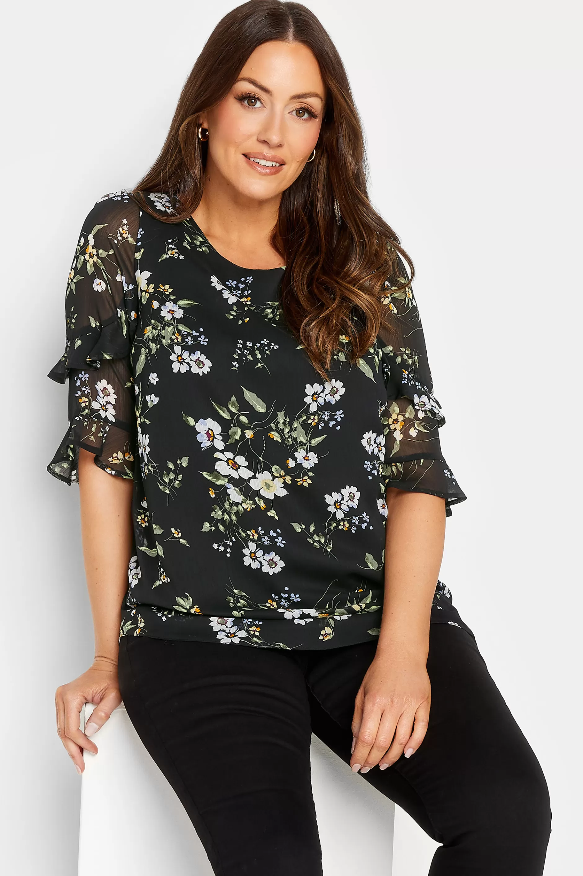 Women M&Co Blouses> Womens Black & White Floral Double Frill Sleeve Blouse