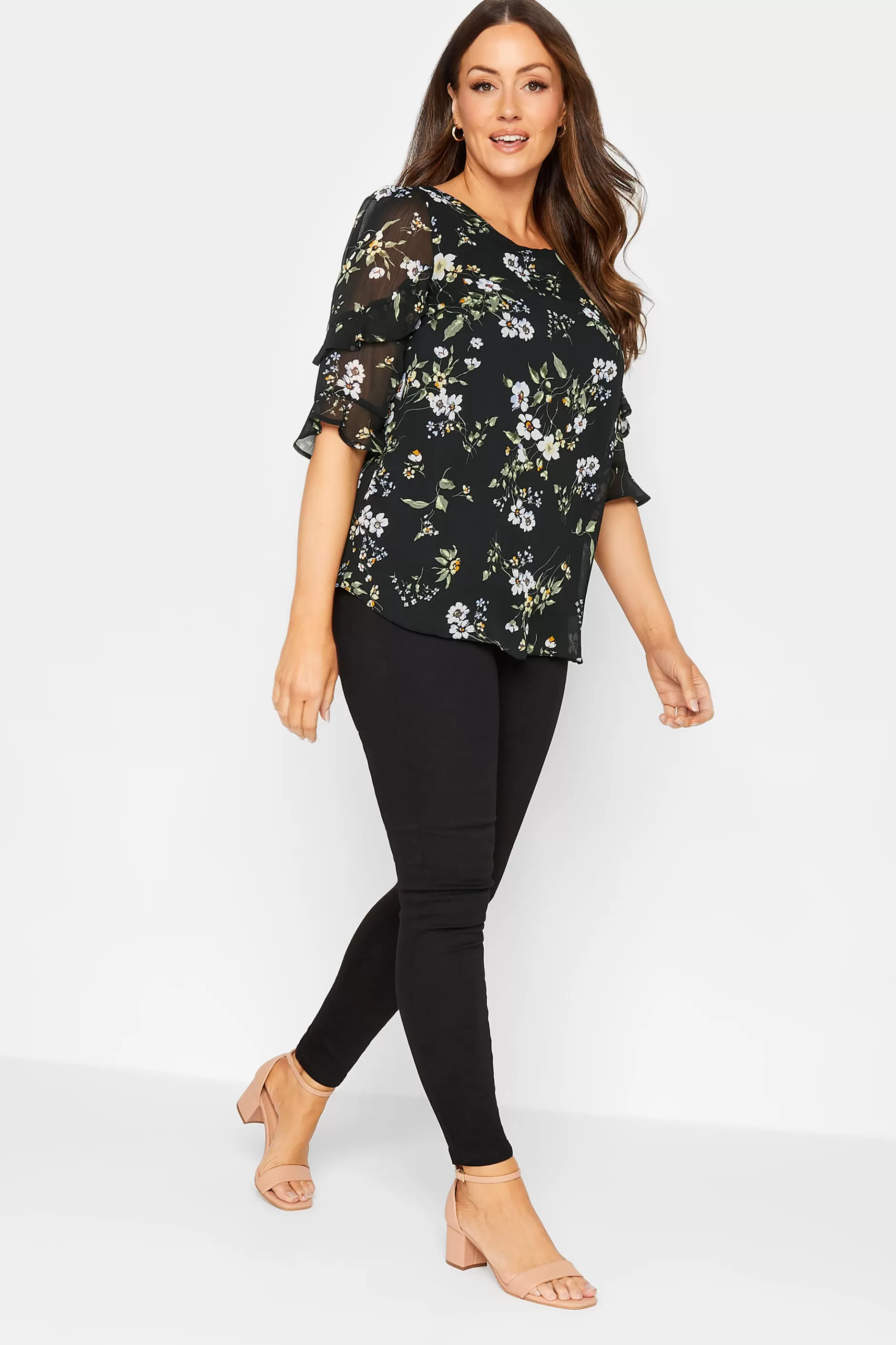 Women M&Co Blouses> Womens Black & White Floral Double Frill Sleeve Blouse