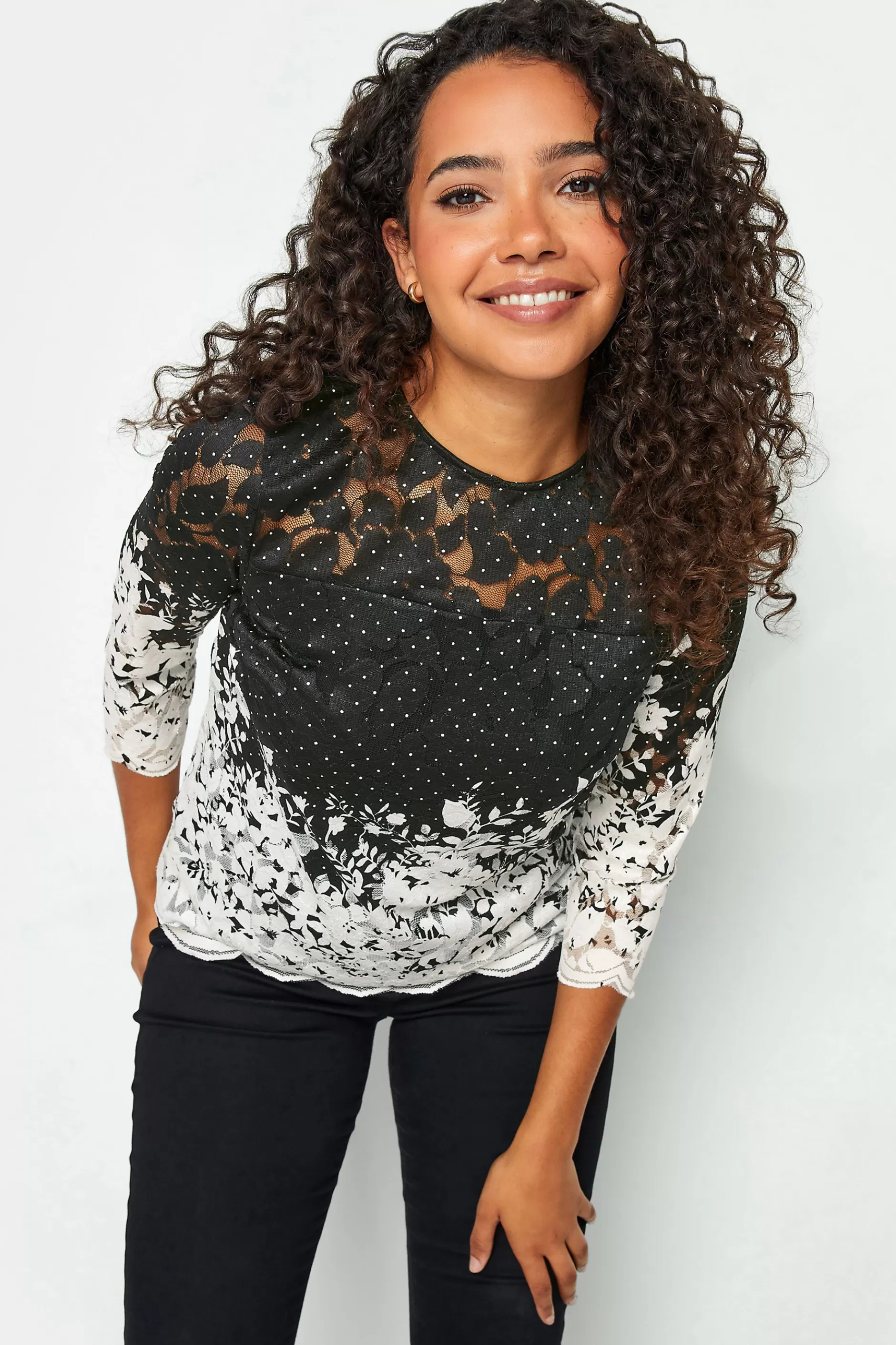 Women M&Co Blouses> Womens Black & White Floral Lace Blouse