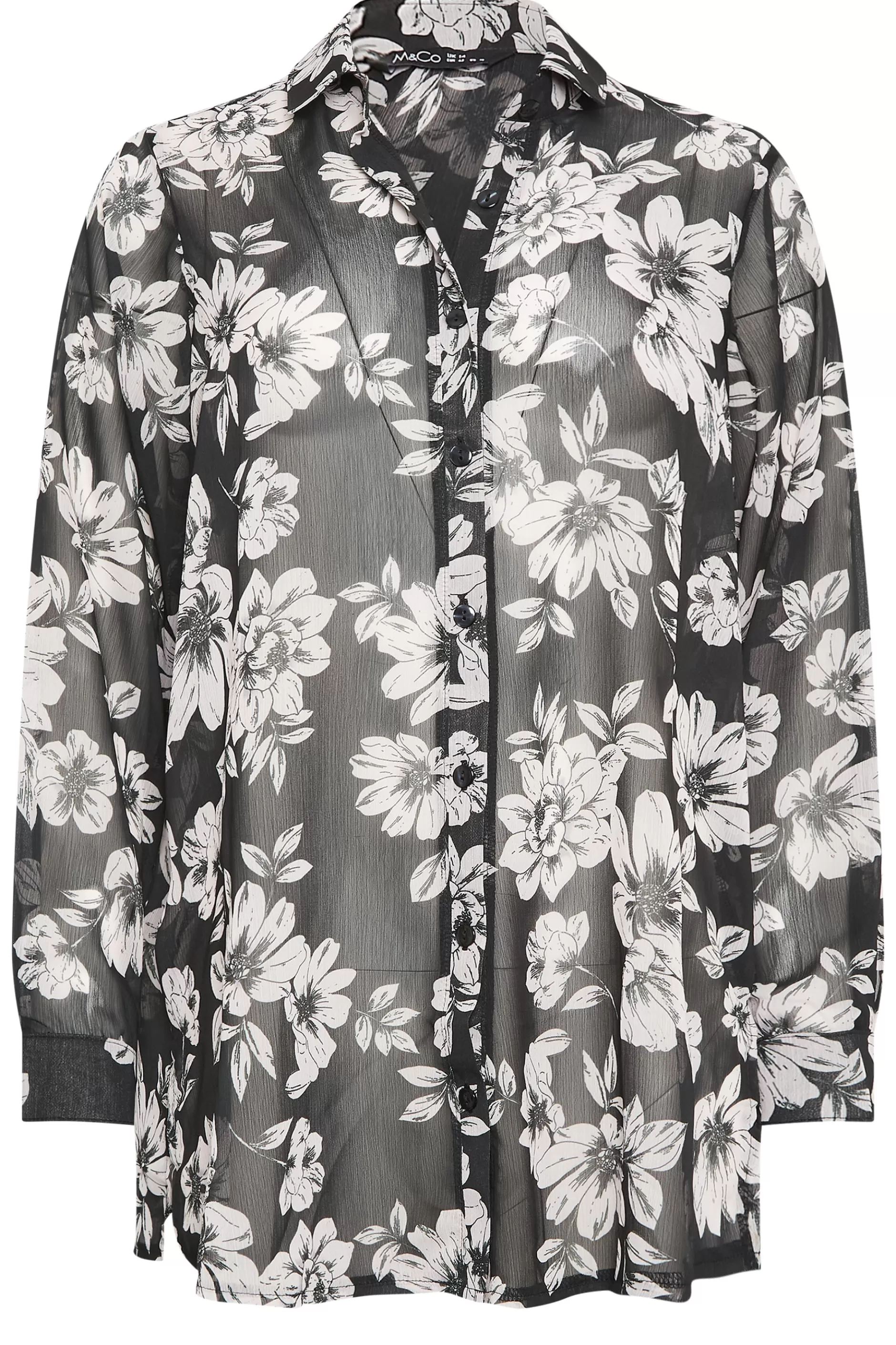 Women M&Co Blouses> Womens Black & White Floral Print Longline Shirt