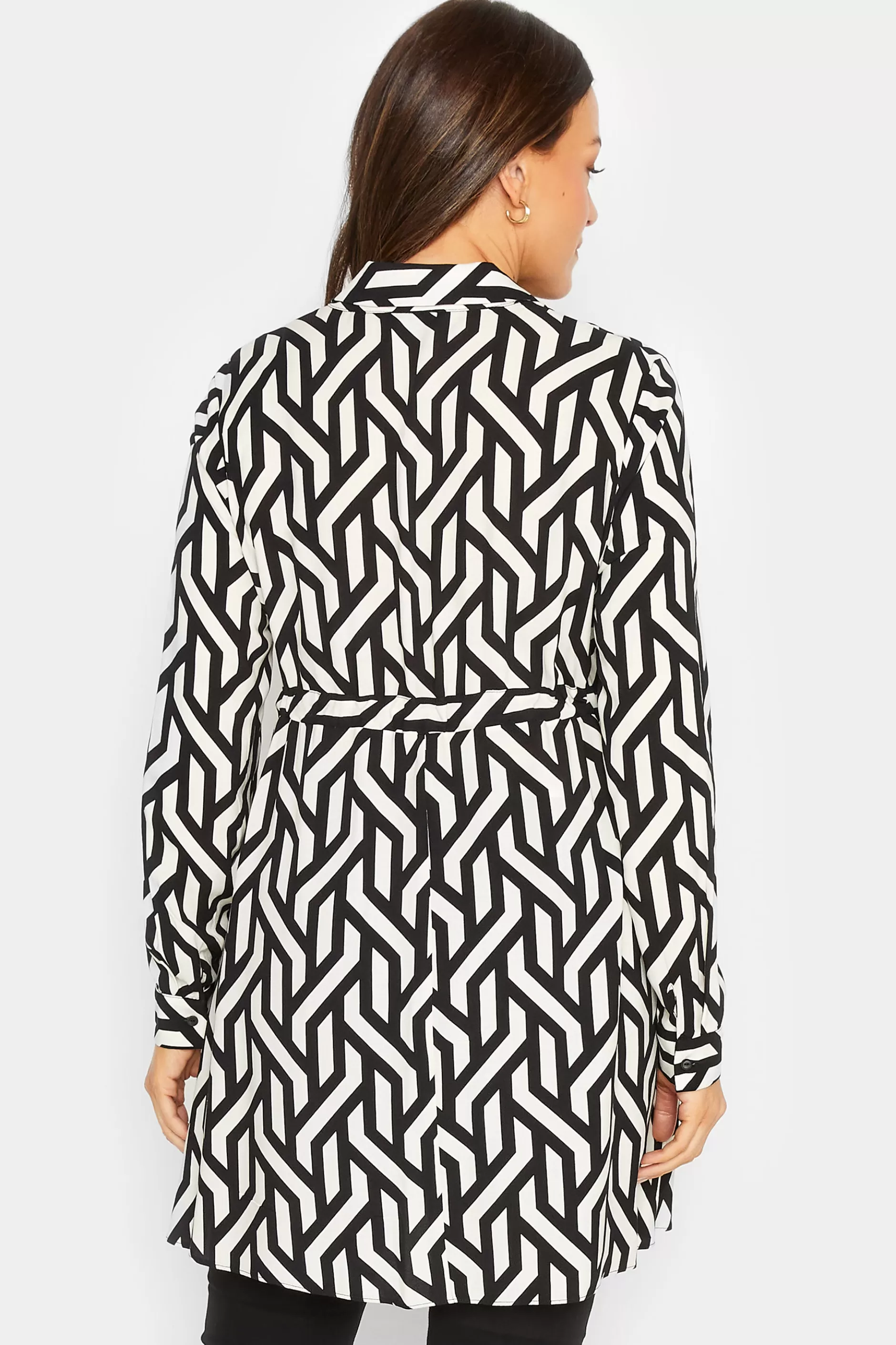 Women M&Co Shirts> Womens Black & White Geometric Print Tie Waist Tunic Shirt
