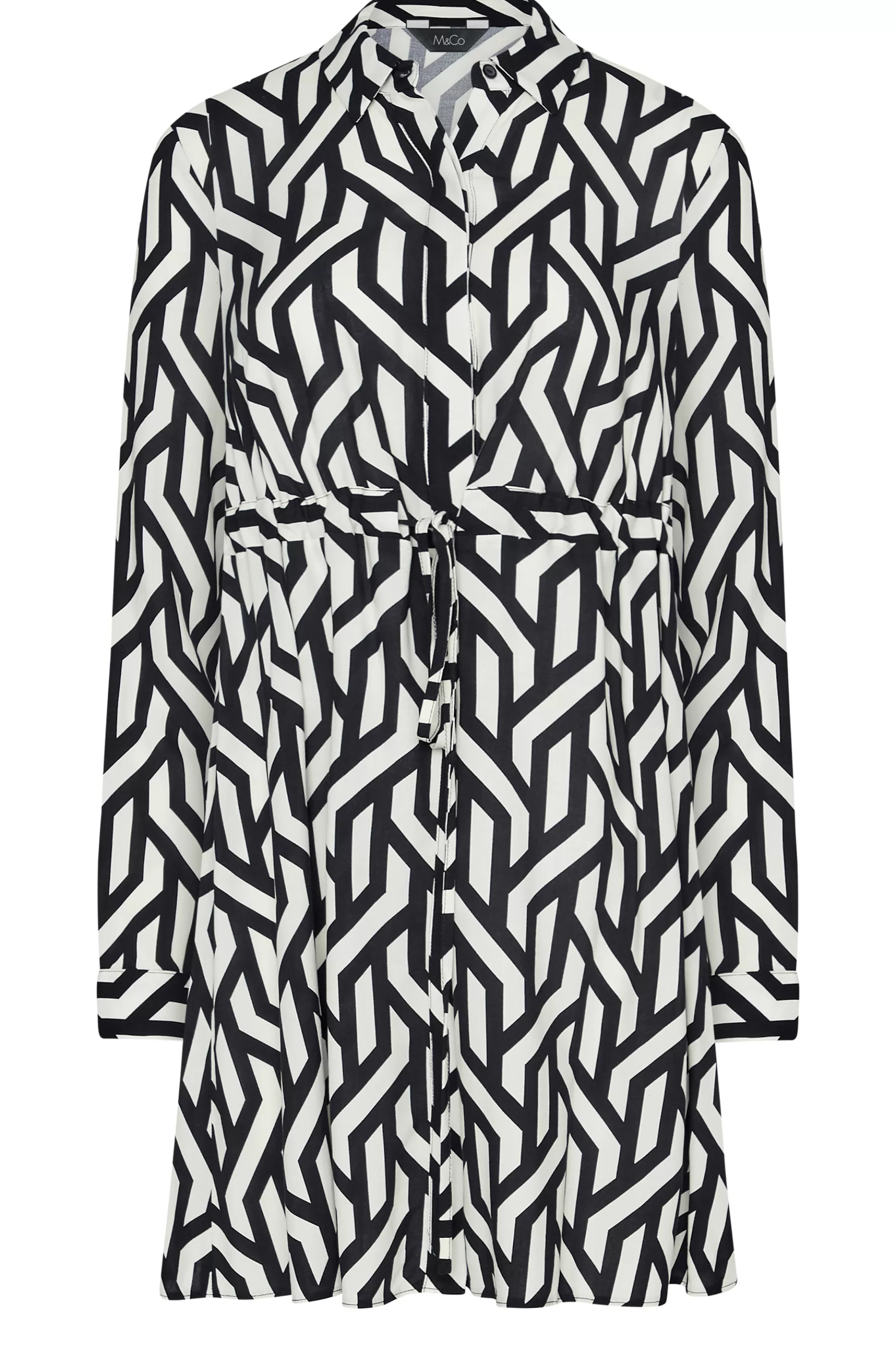 Women M&Co Shirts> Womens Black & White Geometric Print Tie Waist Tunic Shirt