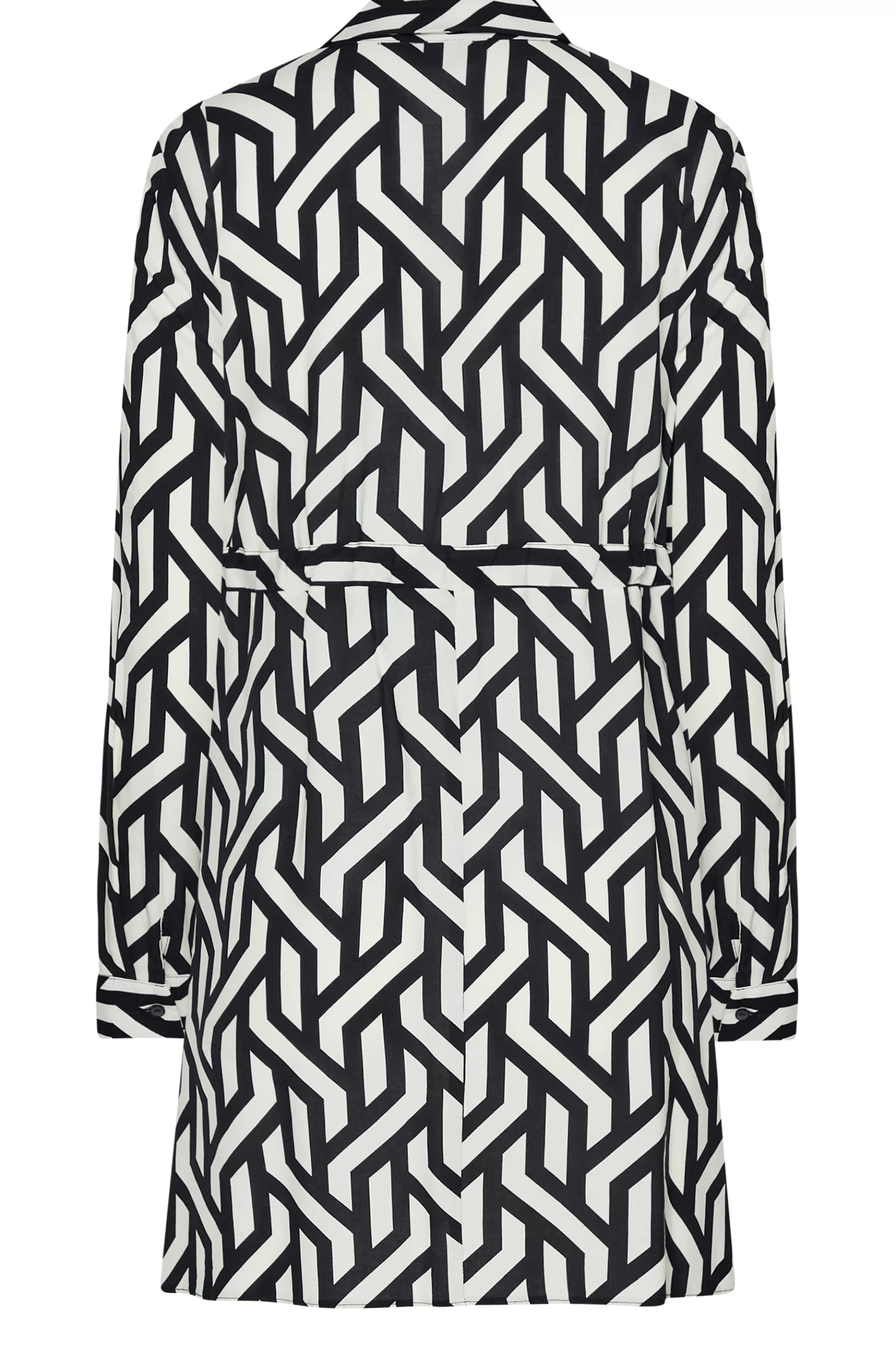 Women M&Co Shirts> Womens Black & White Geometric Print Tie Waist Tunic Shirt