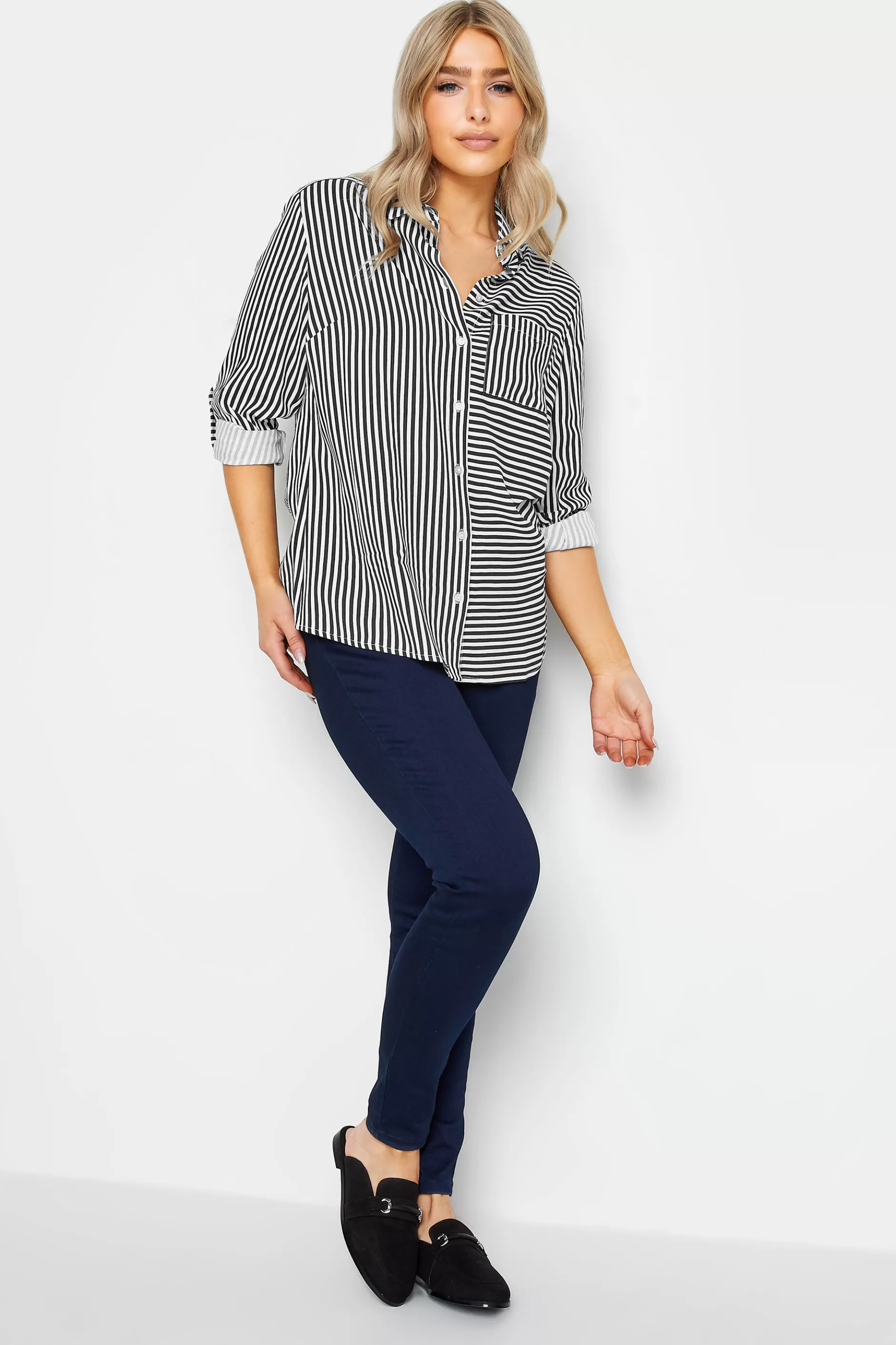 Women M&Co Shirts> Womens Black & White Stripe Tab Sleeve Shirt