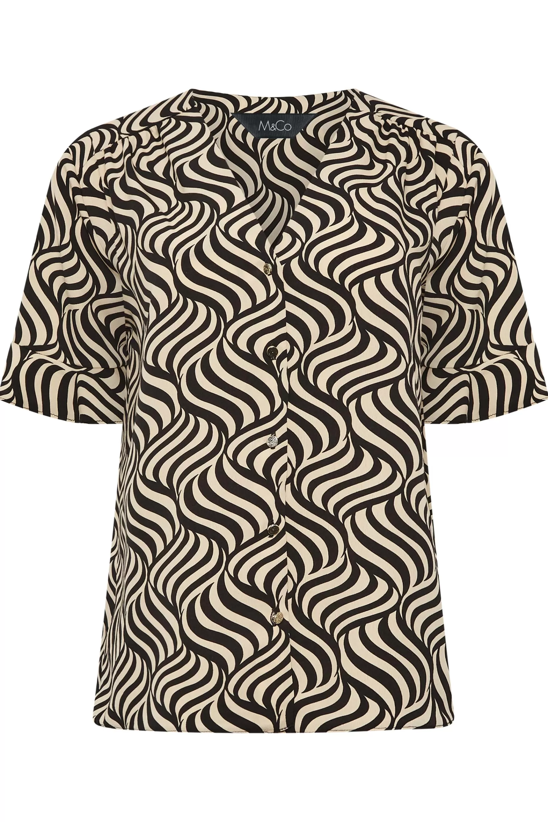 Women M&Co Short Sleeve Tops> Womens Black & White Swirl Print Frill Sleeve Blouse