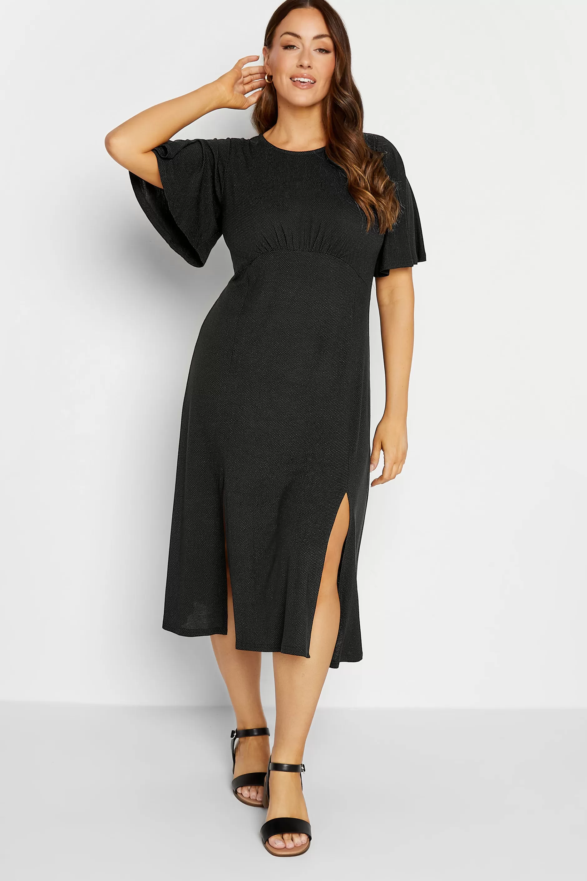 Women M&Co Wedding Guest Dresses> Womens Black Angel Sleeve Split Hem Midi Dress