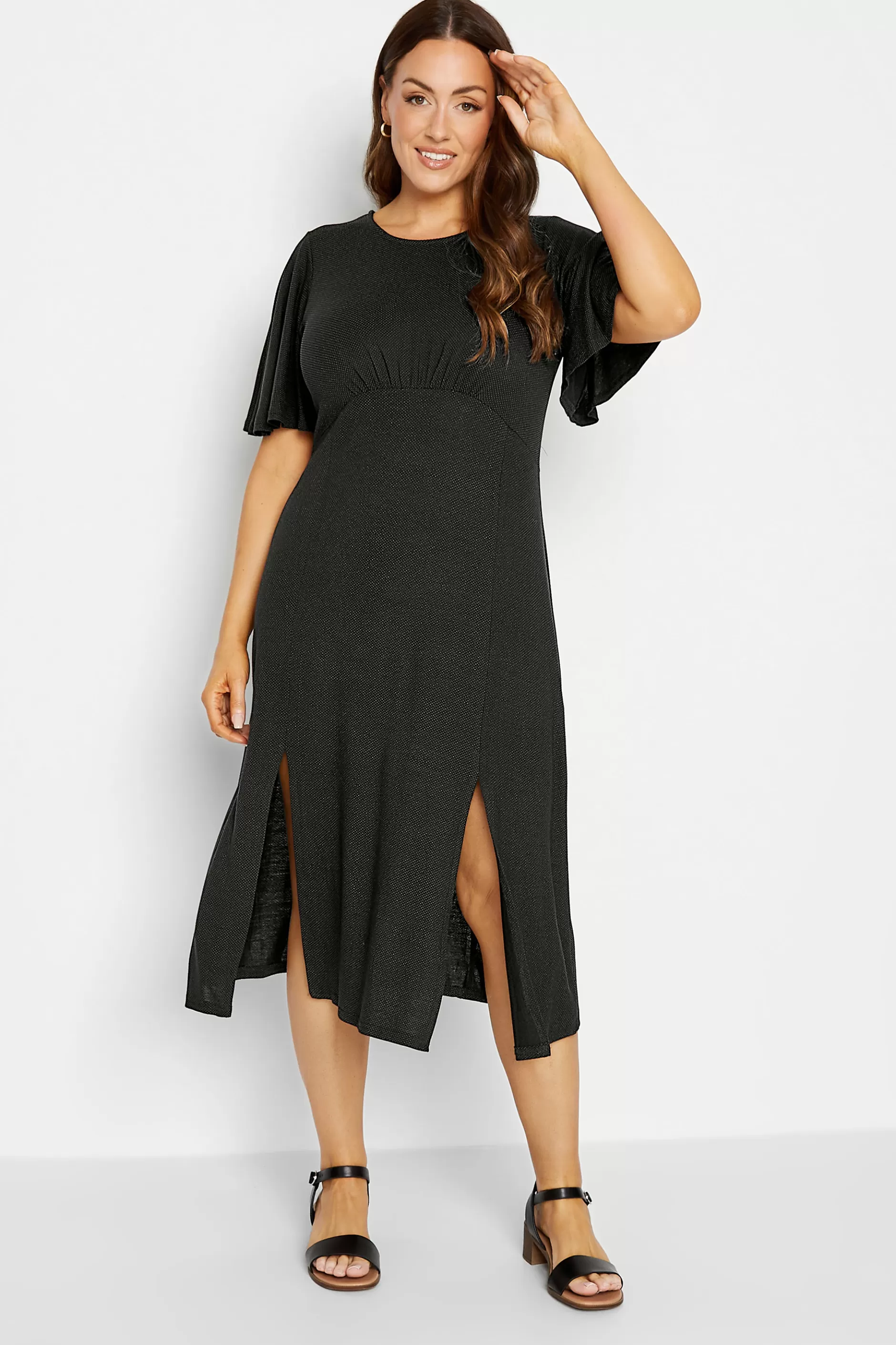 Women M&Co Wedding Guest Dresses> Womens Black Angel Sleeve Split Hem Midi Dress