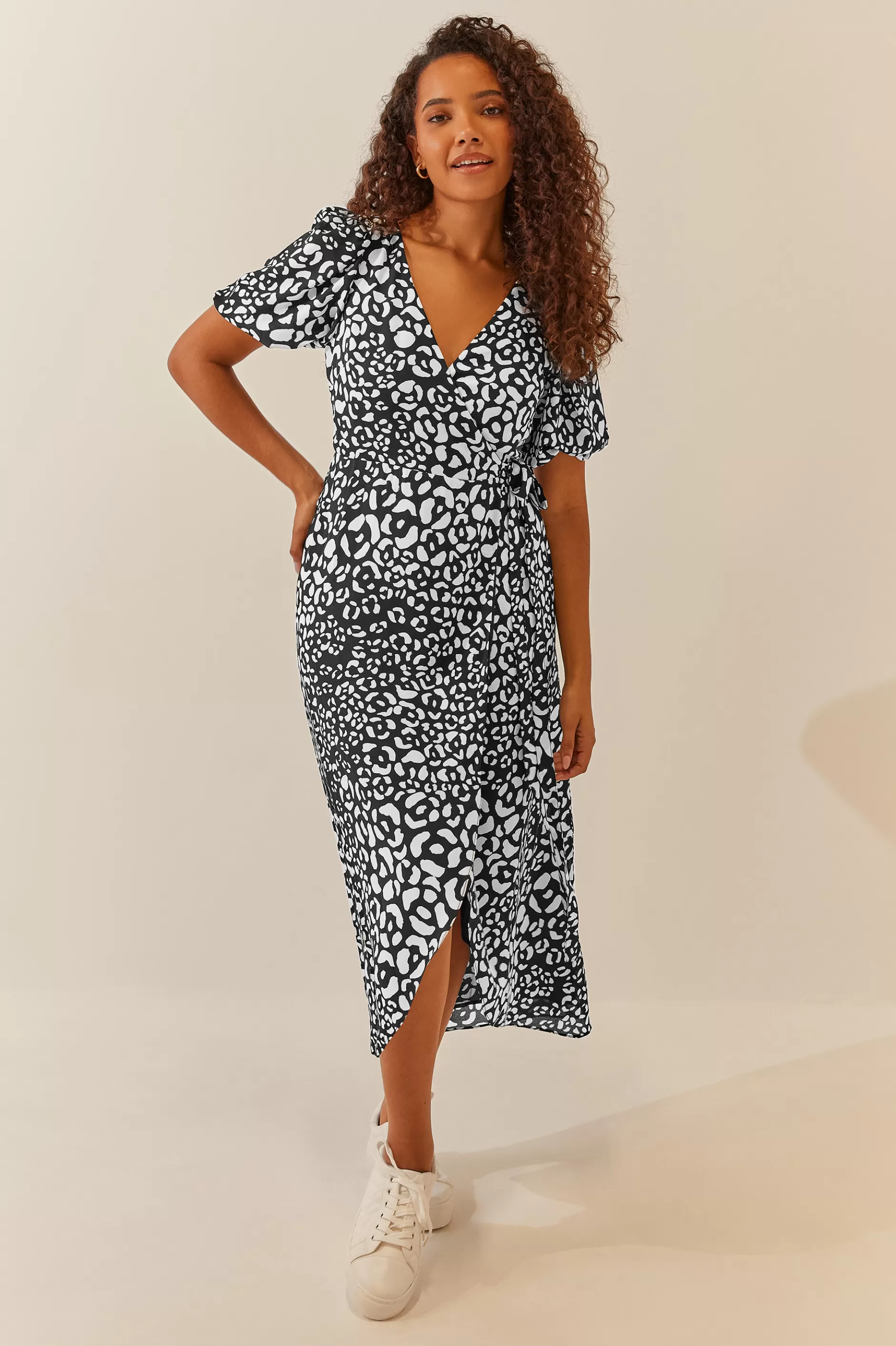 Women M&Co Midi Dresses> Womens Black Animal Print Wrap Dress