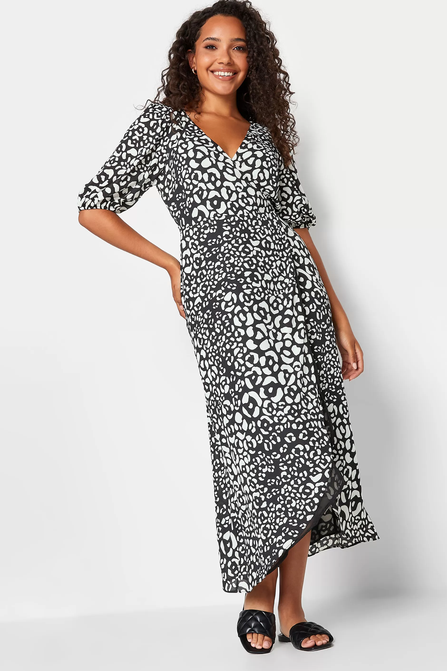 Women M&Co Midi Dresses> Womens Black Animal Print Wrap Dress