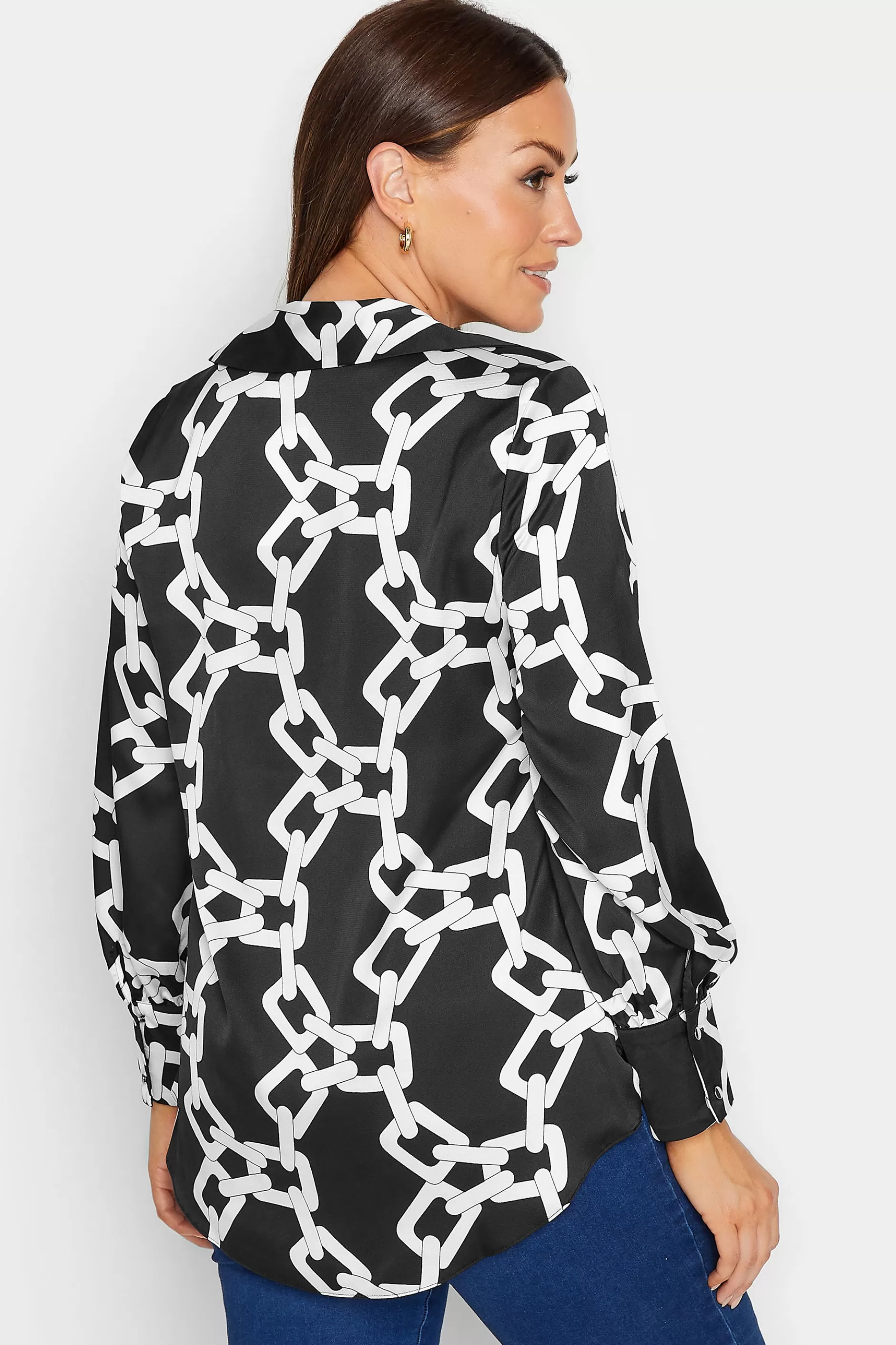 Women M&Co Long Sleeve Tops> Womens Black Chain Print Cowl Neck Satin Blouse
