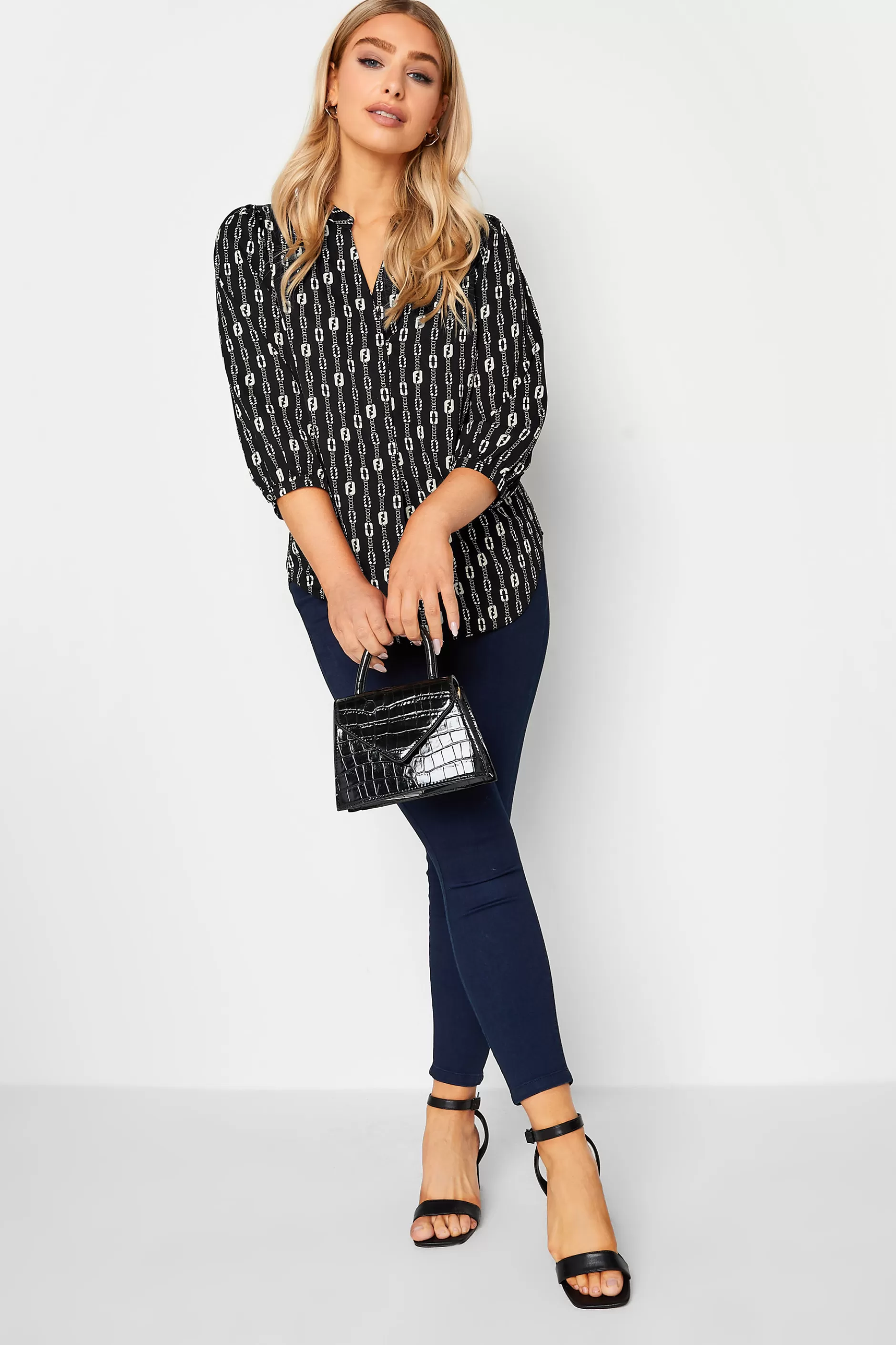 Women M&Co Shirts> Womens Black Chain Print V-Neck Blouse