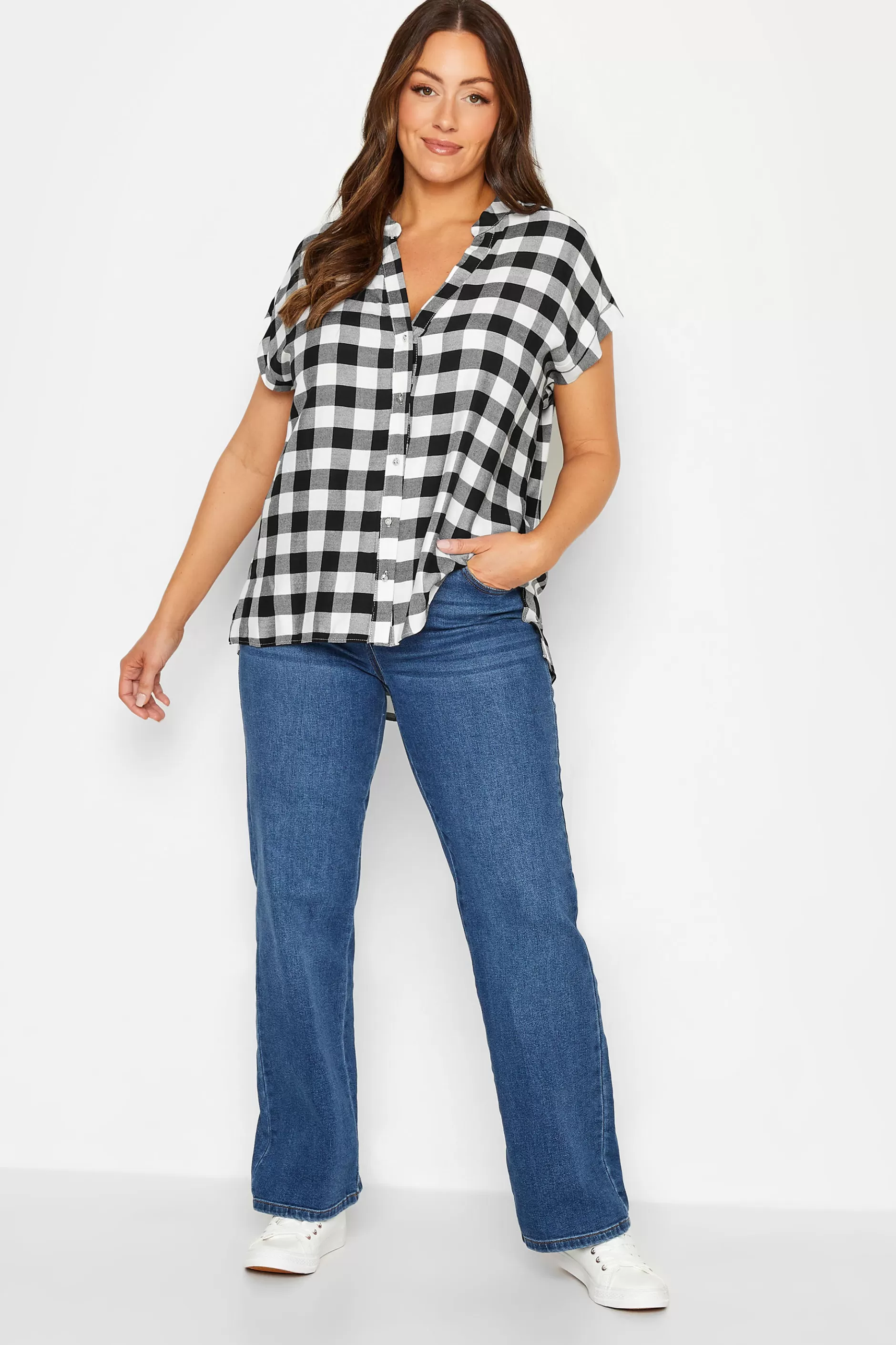 Women M&Co Short Sleeve Tops> Womens Black Check Print Shirt