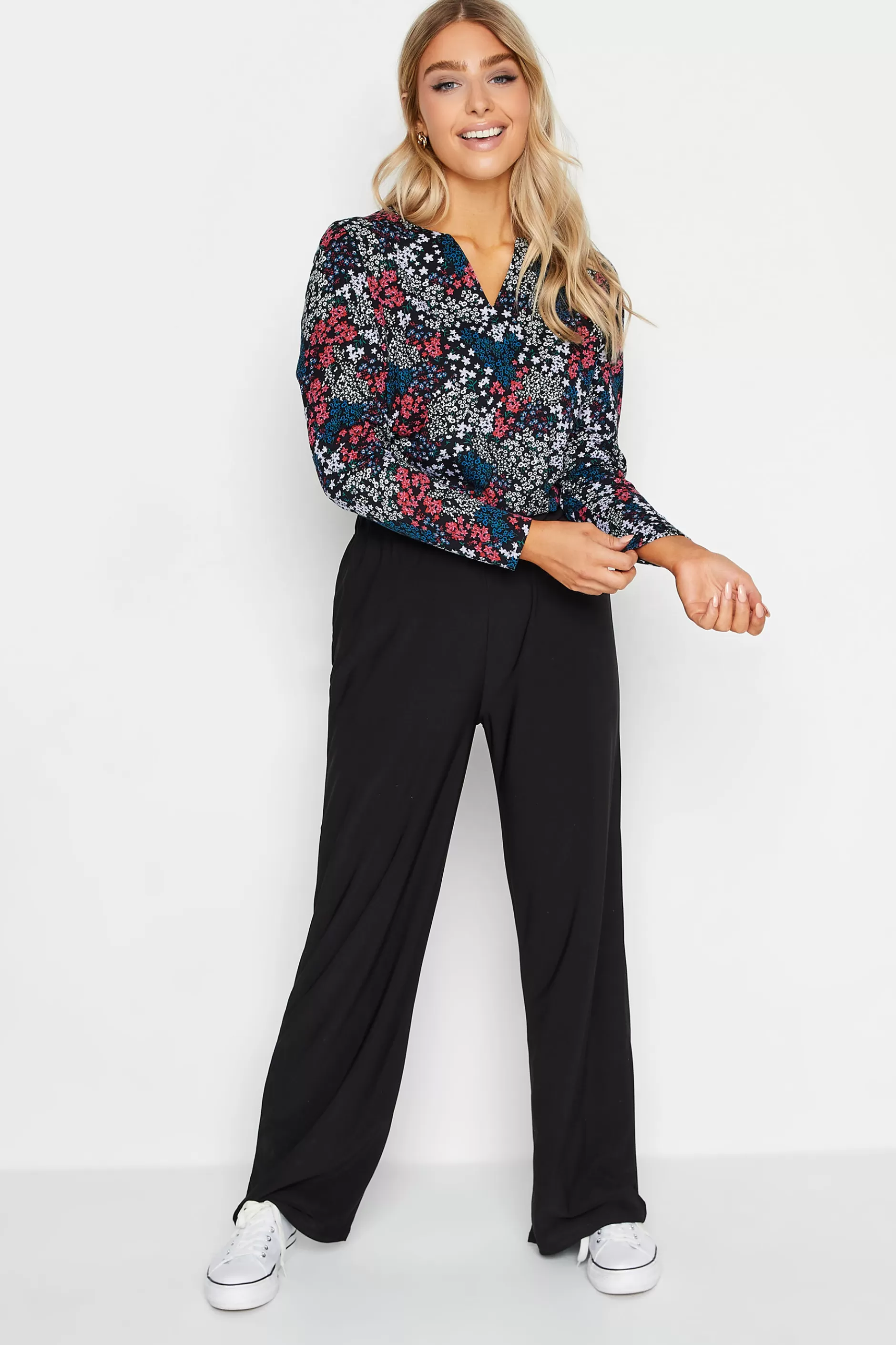 Women M&Co T-Shirts> Womens Black Ditsy Print Notch Neck Cotton T-Shirt