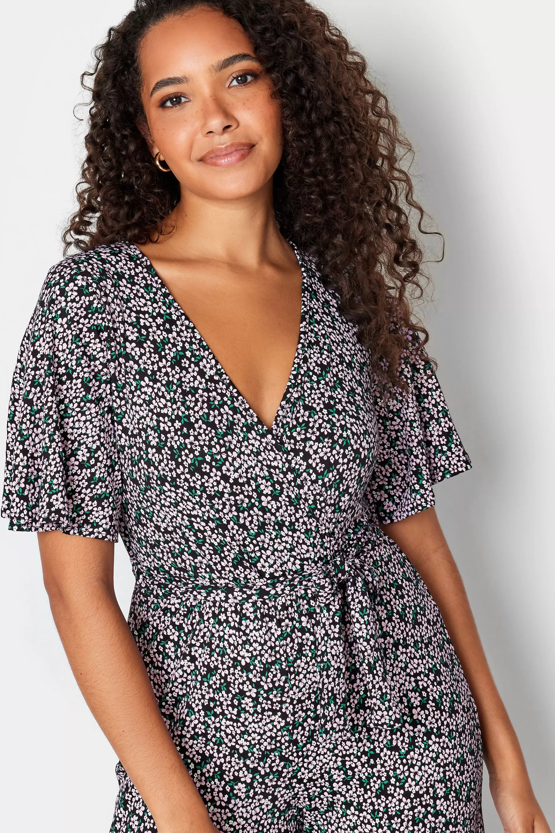 Women M&Co Maxi Dresses> Womens Black Ditsy Print Wrap Wide Leg Jumpsuit