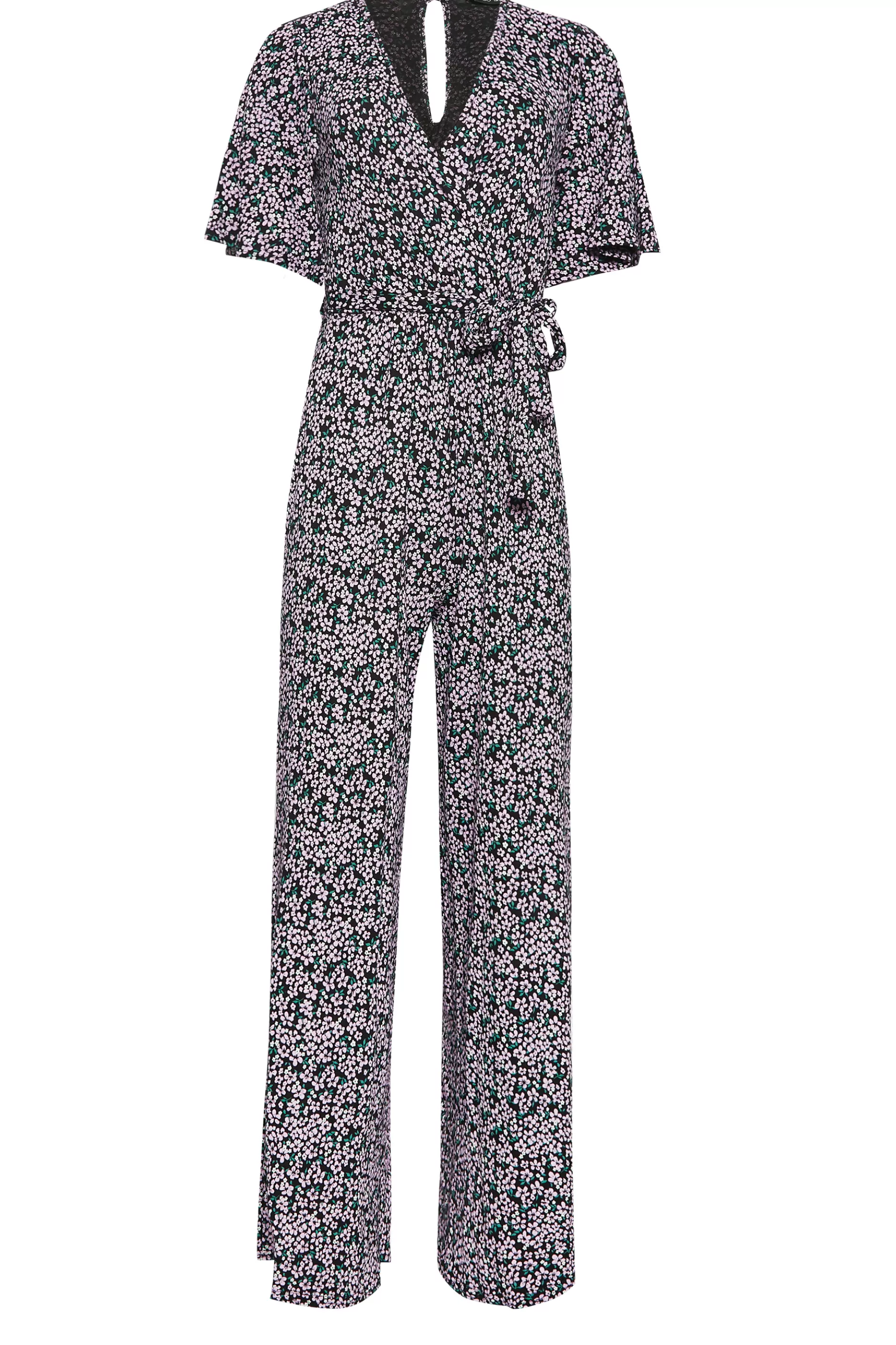 Women M&Co Maxi Dresses> Womens Black Ditsy Print Wrap Wide Leg Jumpsuit