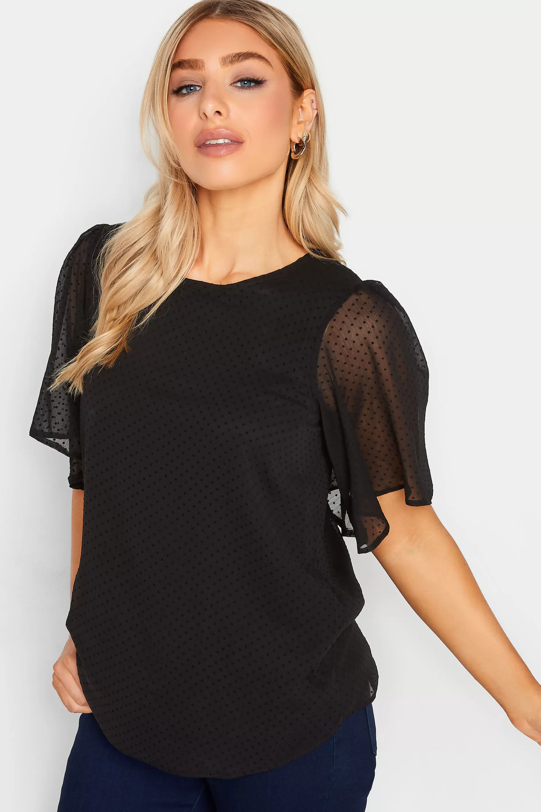 Women M&Co Short Sleeve Tops> Womens Black Dobby Angel Sleeve Blouse