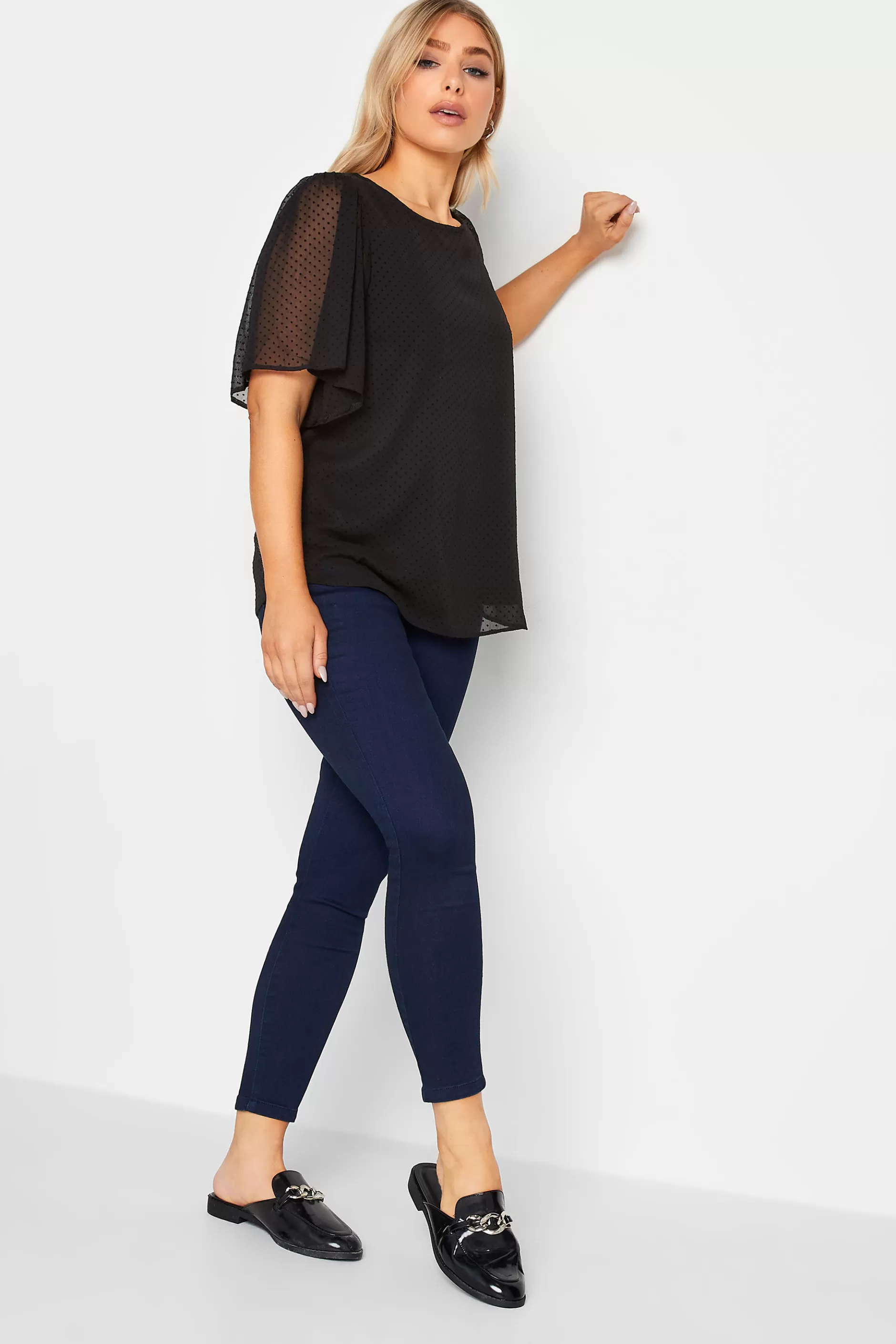 Women M&Co Short Sleeve Tops> Womens Black Dobby Angel Sleeve Blouse