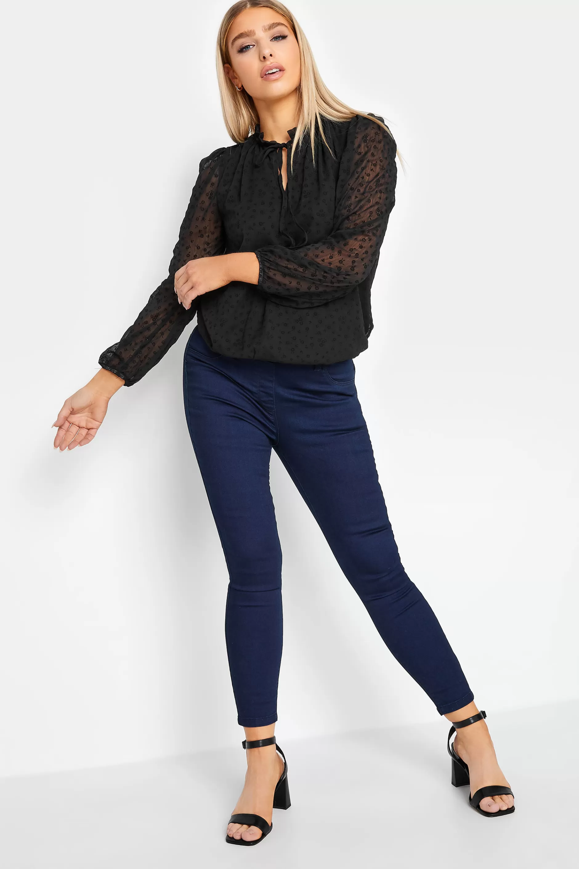 Women M&Co Long Sleeve Tops> Womens Black Dobby Tie Neck Blouse