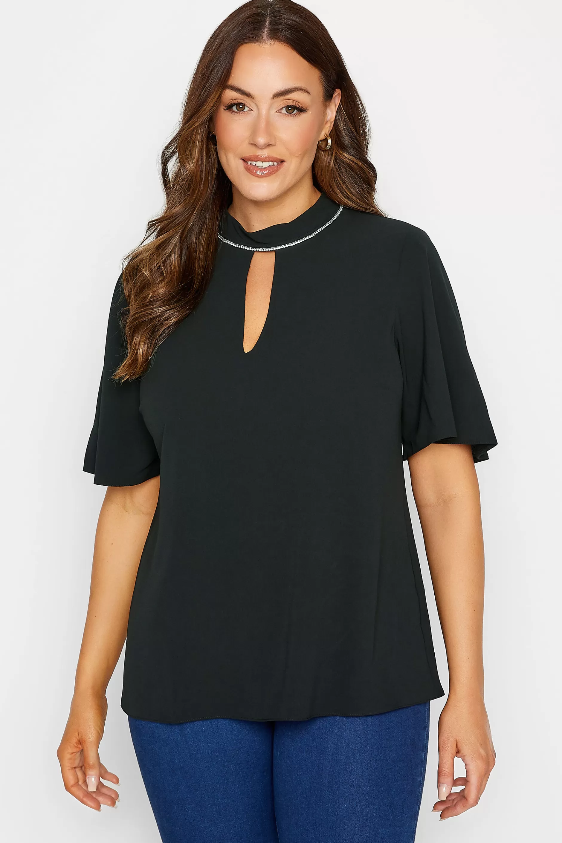 Women M&Co Short Sleeve Tops> Womens Black Embellished Neck Keyhole Blouse