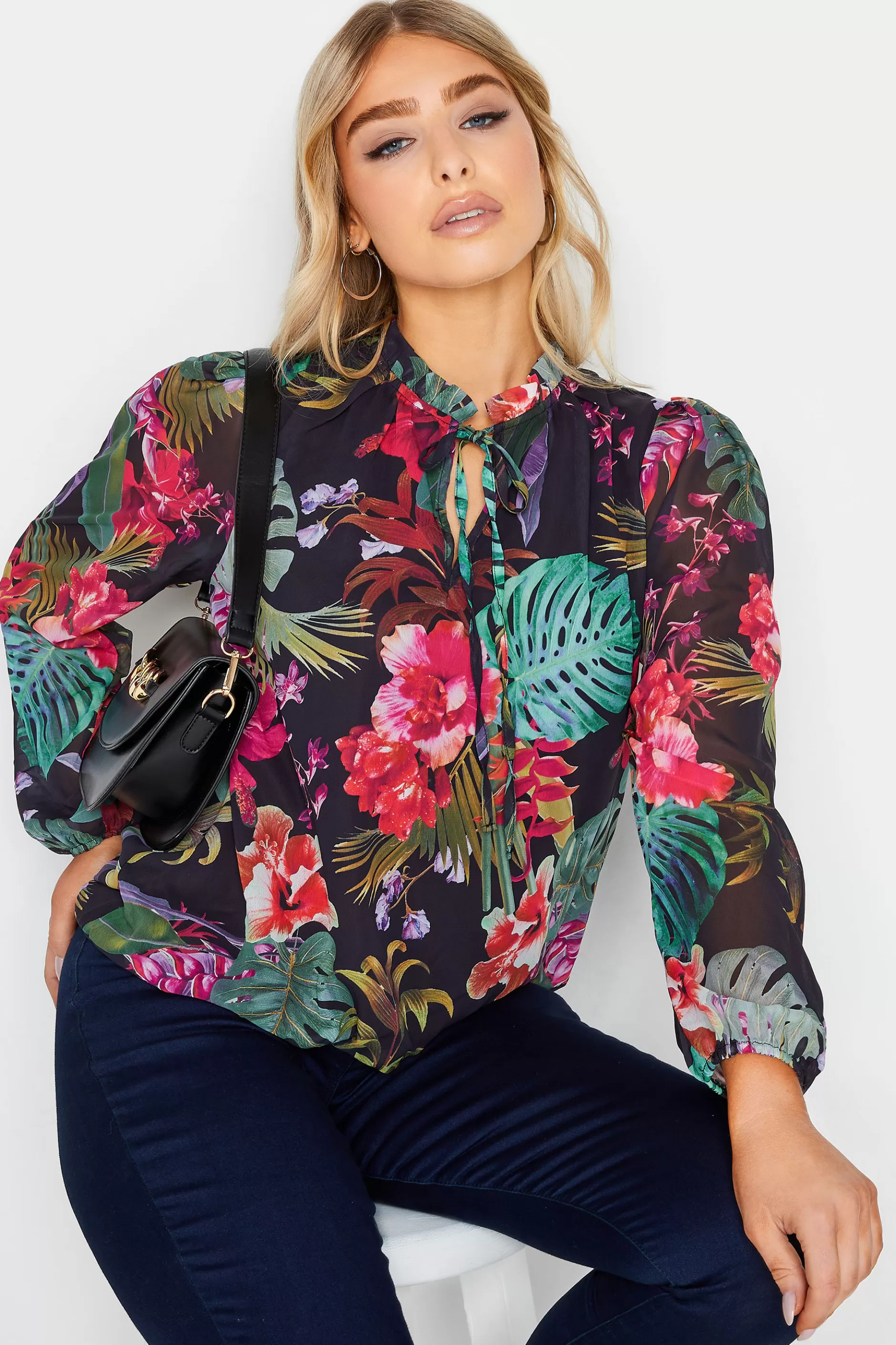 Women M&Co Blouses> Womens Black Floral High Neck Blouse