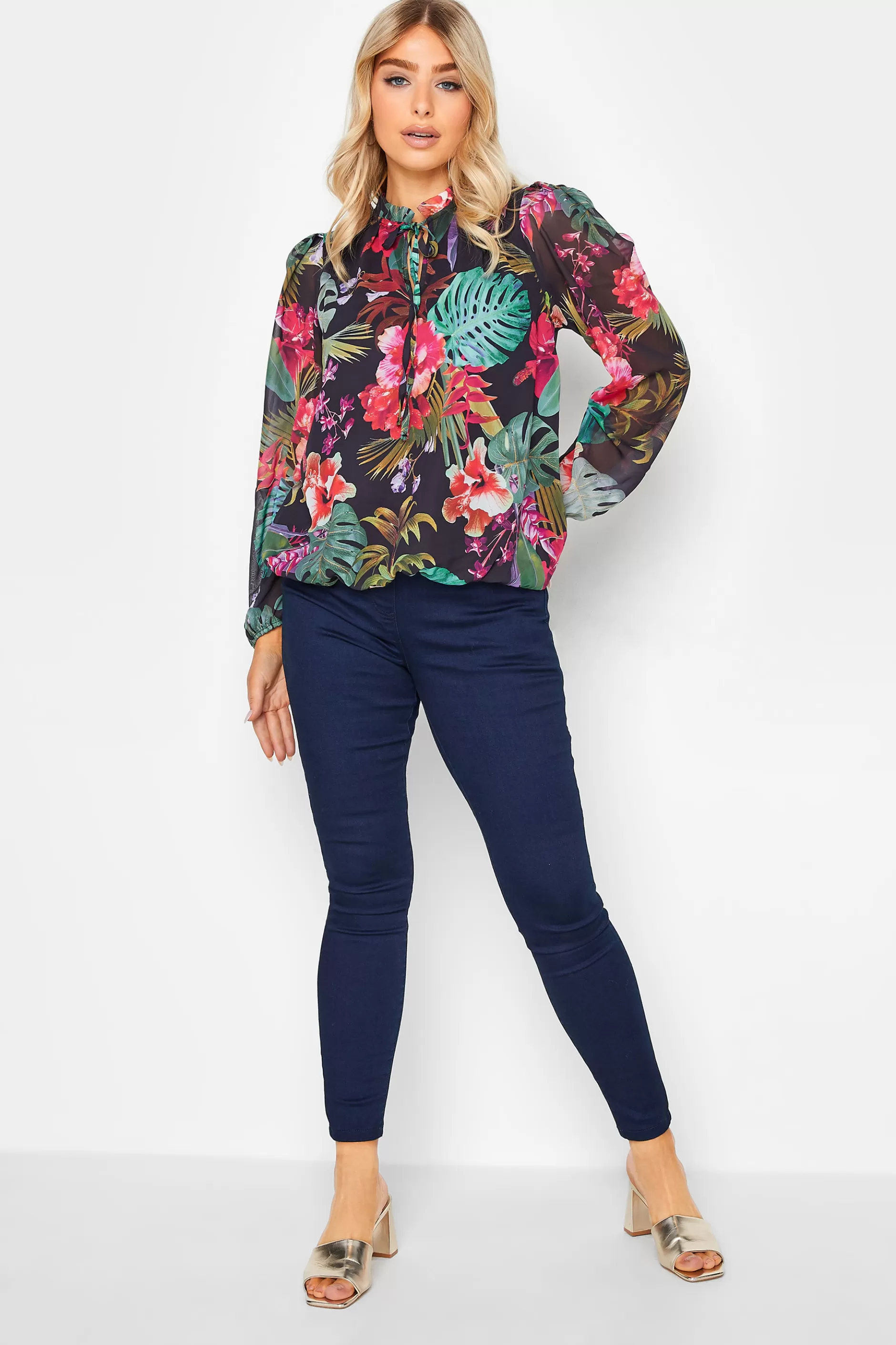 Women M&Co Blouses> Womens Black Floral High Neck Blouse