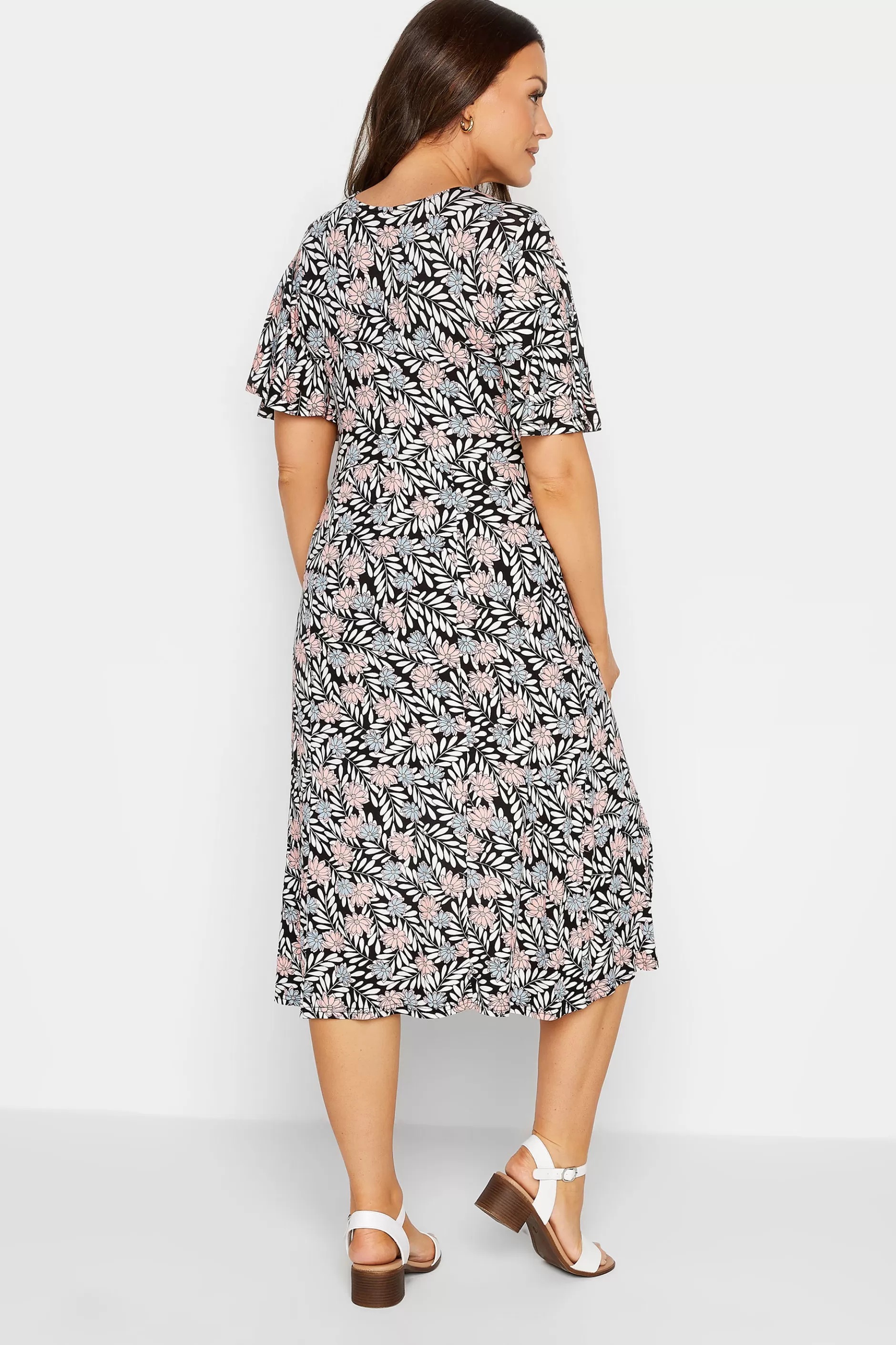 Women M&Co Midi Dresses> Womens Black Floral Print Angel Sleeve Split Hem Dress