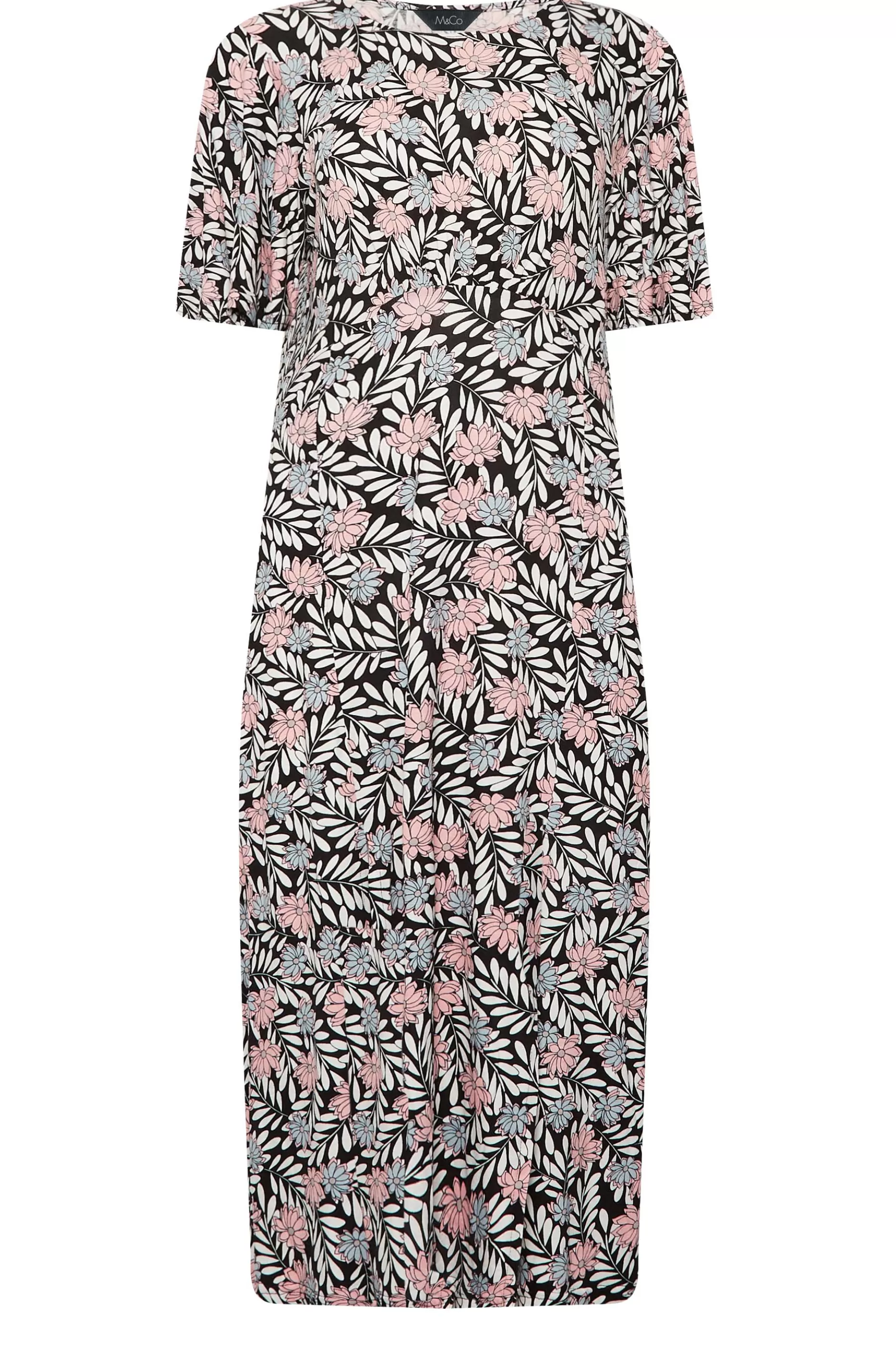 Women M&Co Midi Dresses> Womens Black Floral Print Angel Sleeve Split Hem Dress