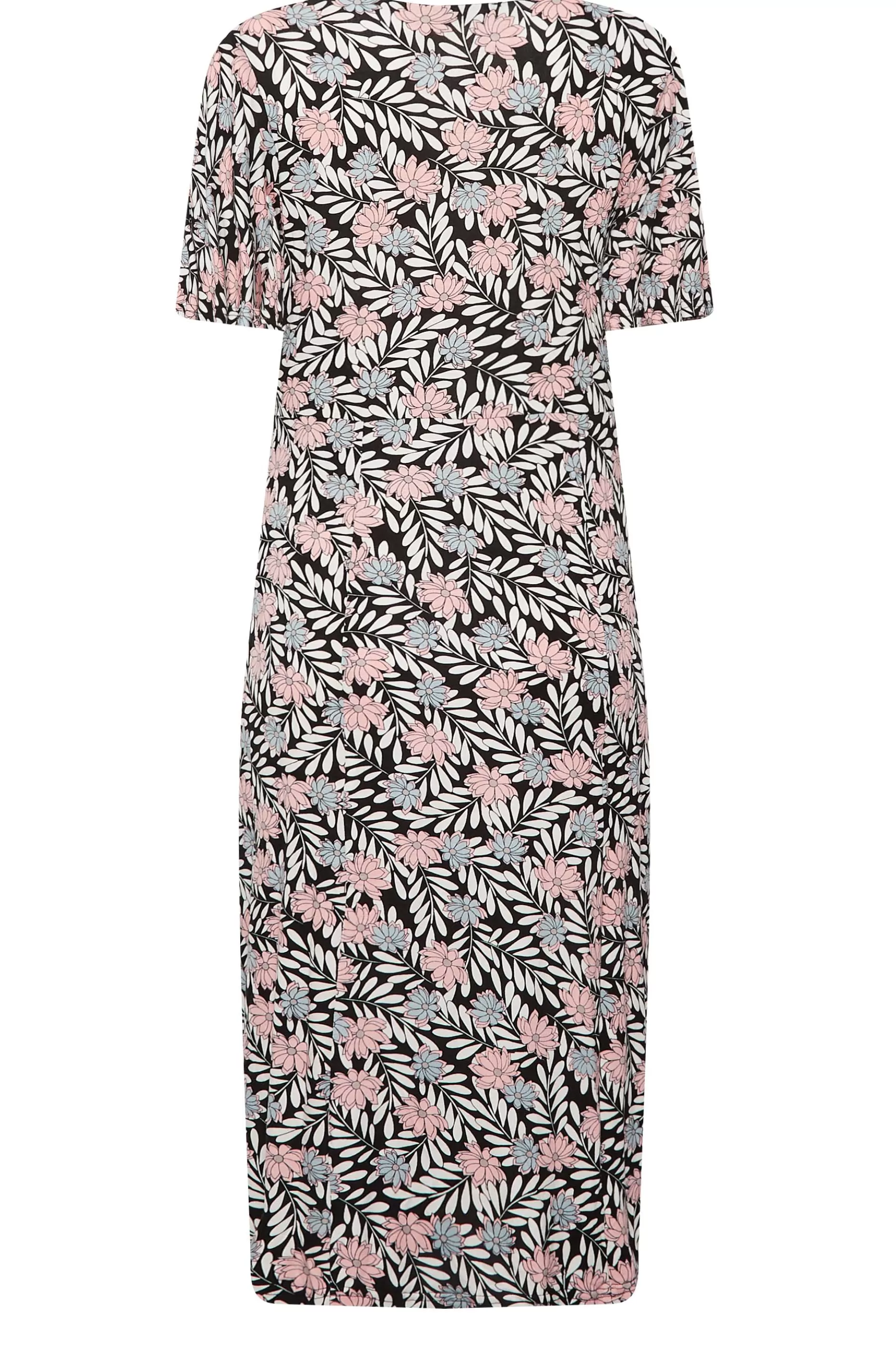 Women M&Co Midi Dresses> Womens Black Floral Print Angel Sleeve Split Hem Dress