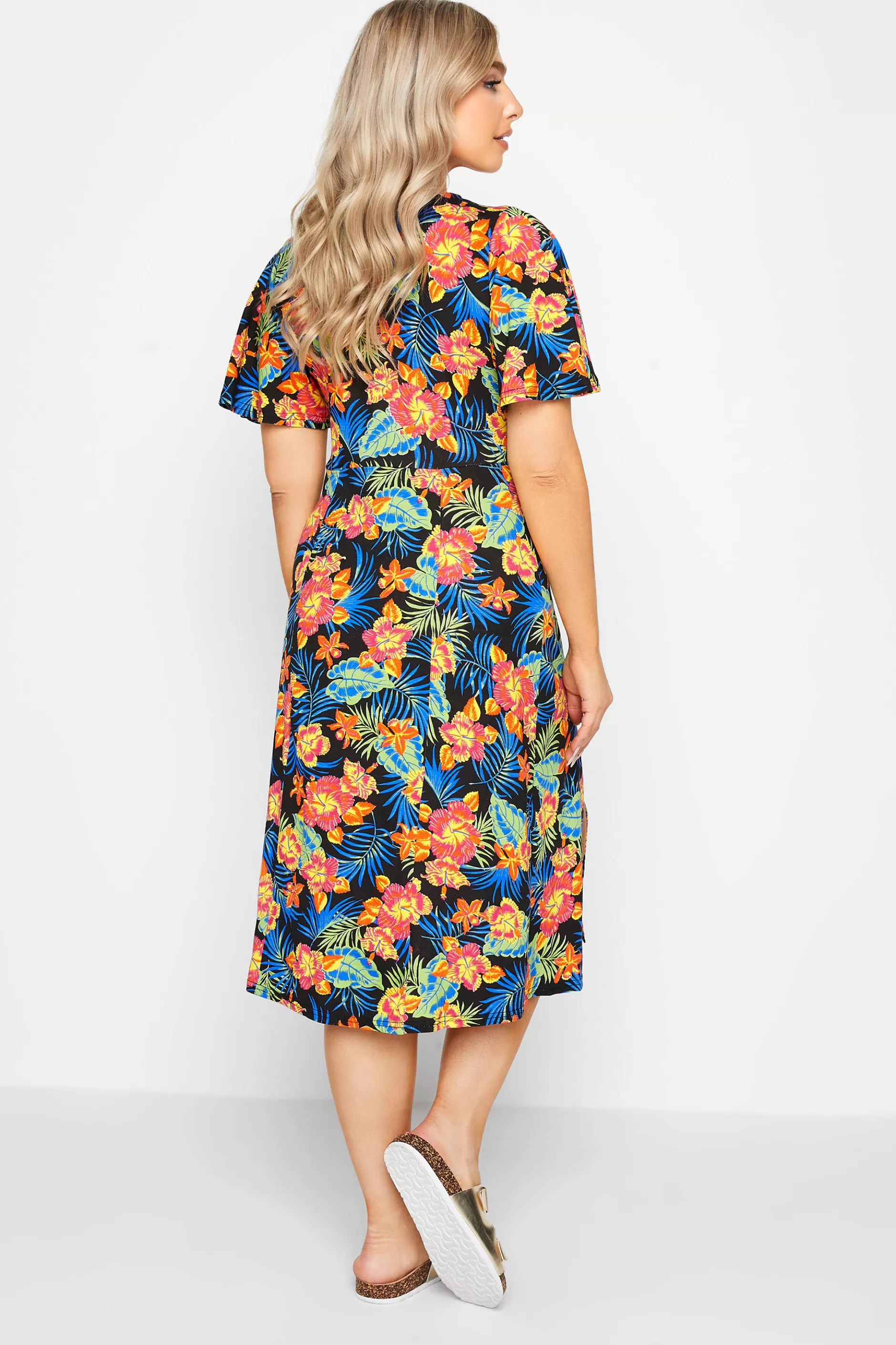 Women M&Co Midi Dresses> Womens Black Floral Print Angel Sleeve Split Hem Midi Dress