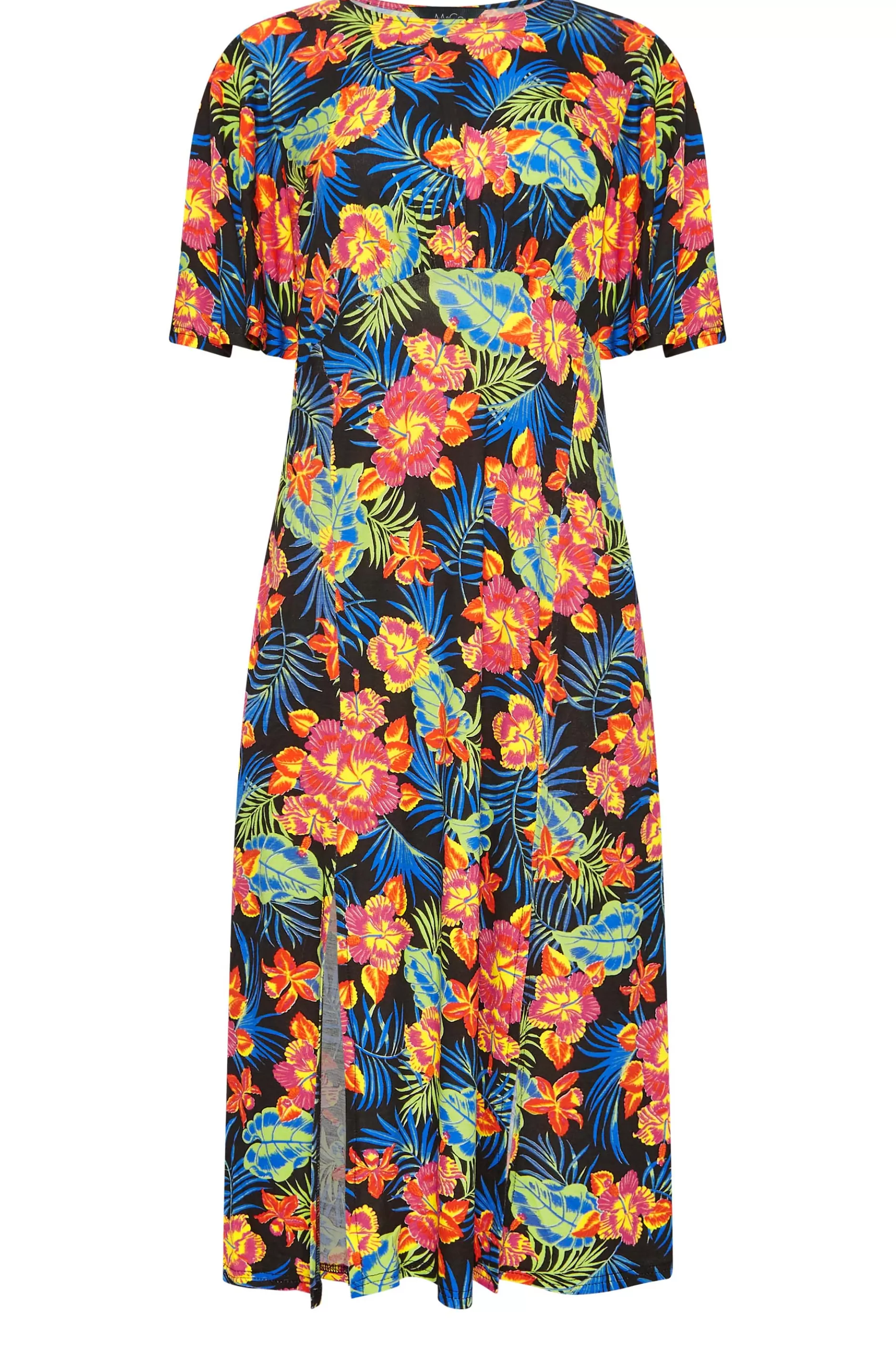 Women M&Co Midi Dresses> Womens Black Floral Print Angel Sleeve Split Hem Midi Dress