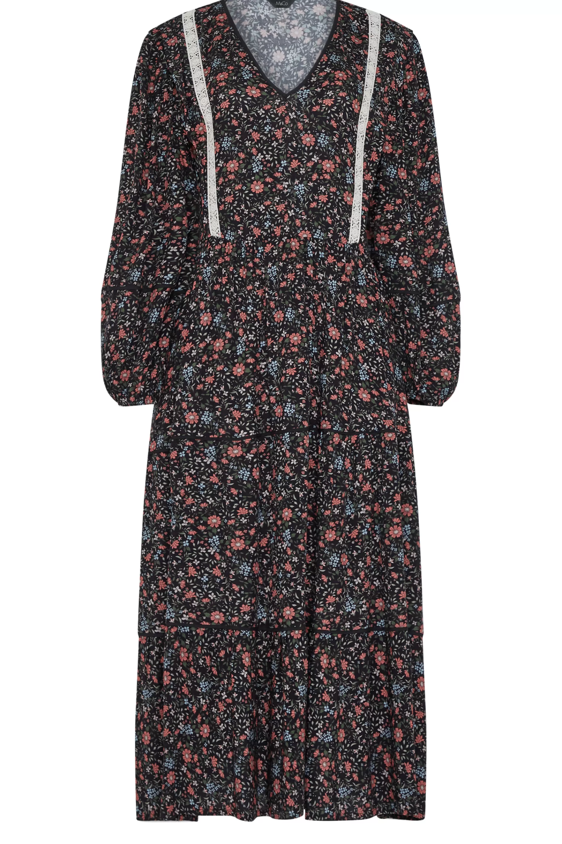Women M&Co Maxi Dresses> Womens Black Floral Print Crochet Trim Maxi Dress