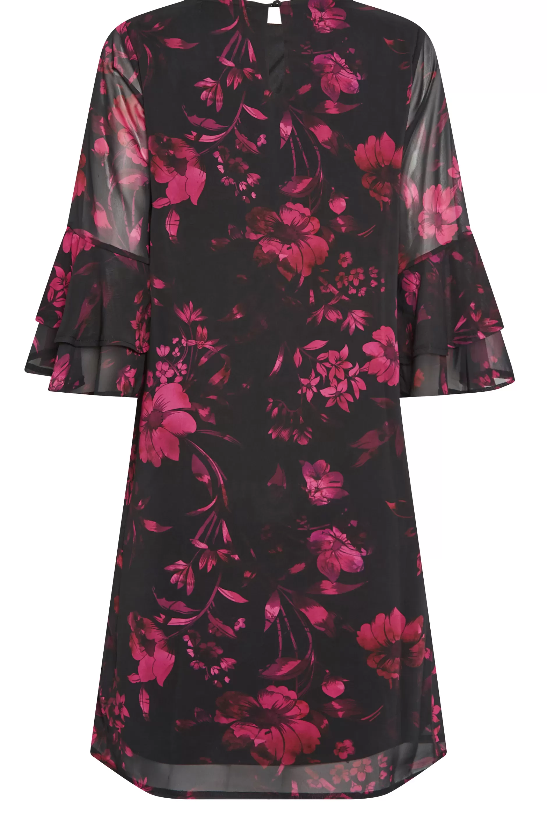 Women M&Co Midi Dresses> Womens Black Floral Print Flute Sleeve Shift Dress