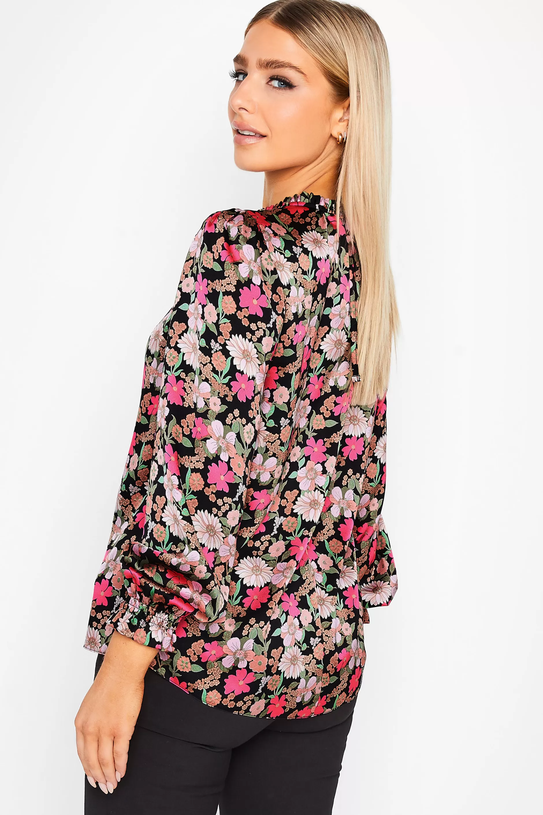 Women M&Co Long Sleeve Tops> Womens Black Floral Print Frill Neck Blouse
