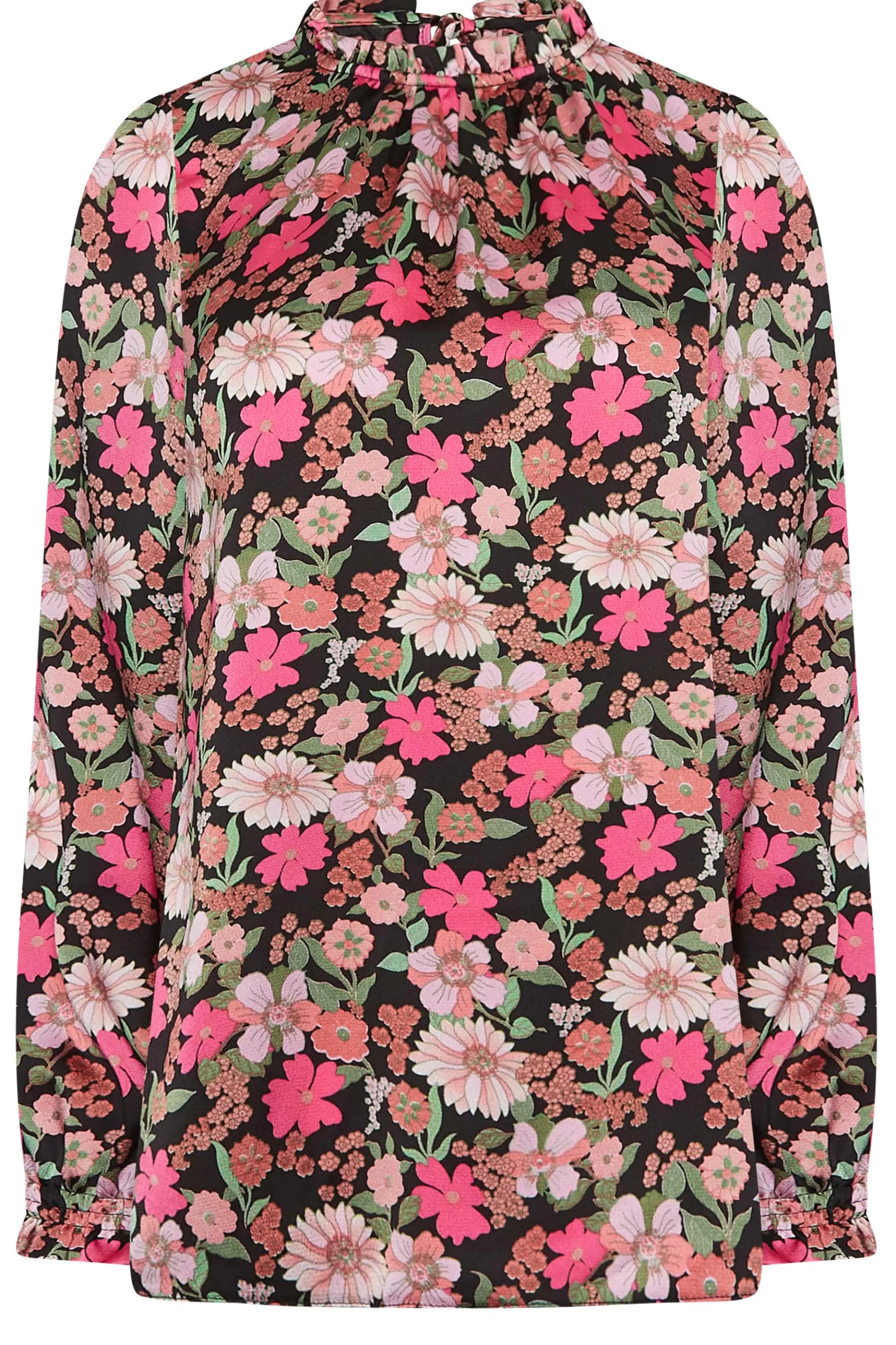 Women M&Co Long Sleeve Tops> Womens Black Floral Print Frill Neck Blouse
