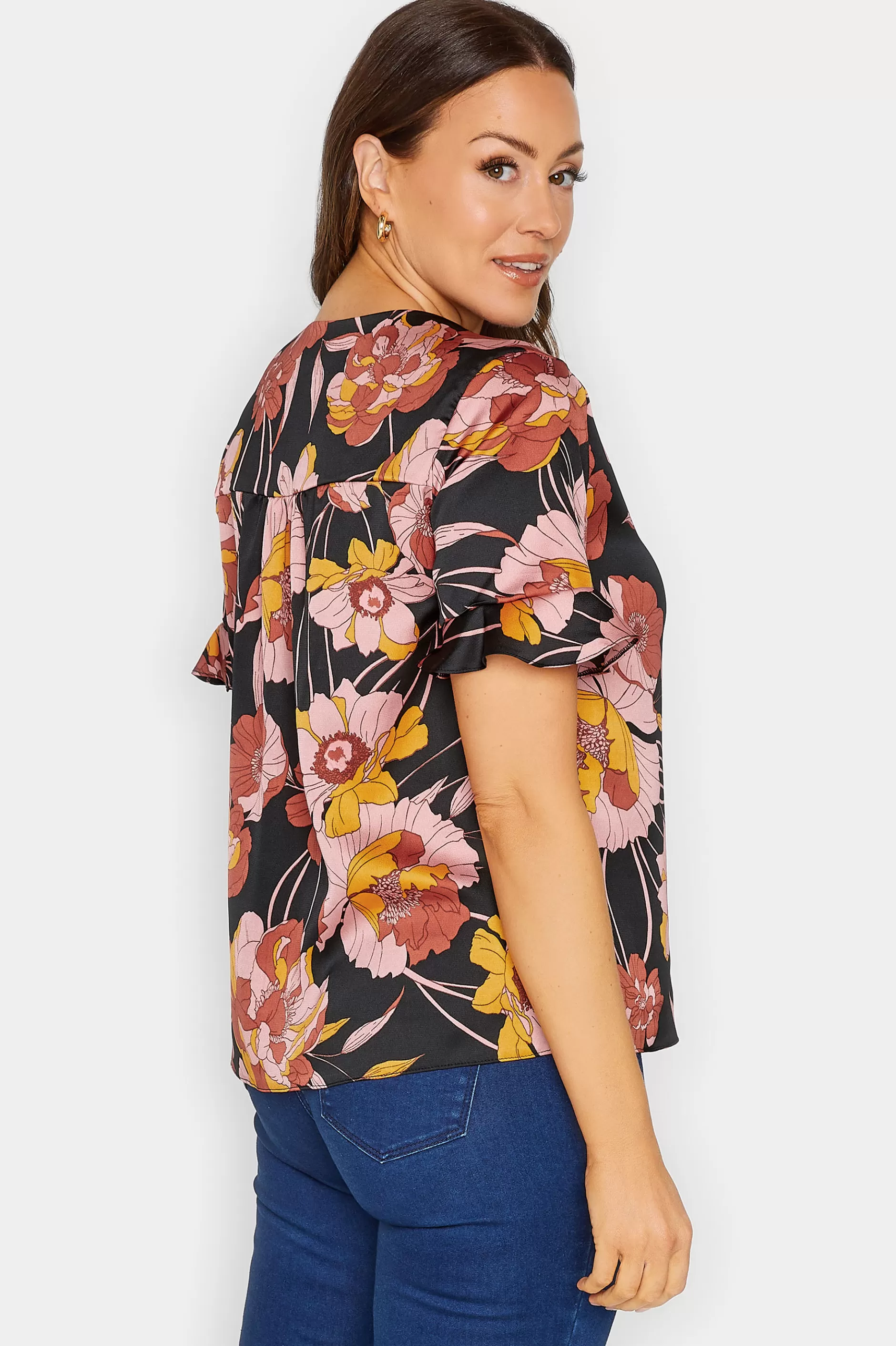 Women M&Co Shirts> Womens Black Floral Print Frill Sleeve Blouse